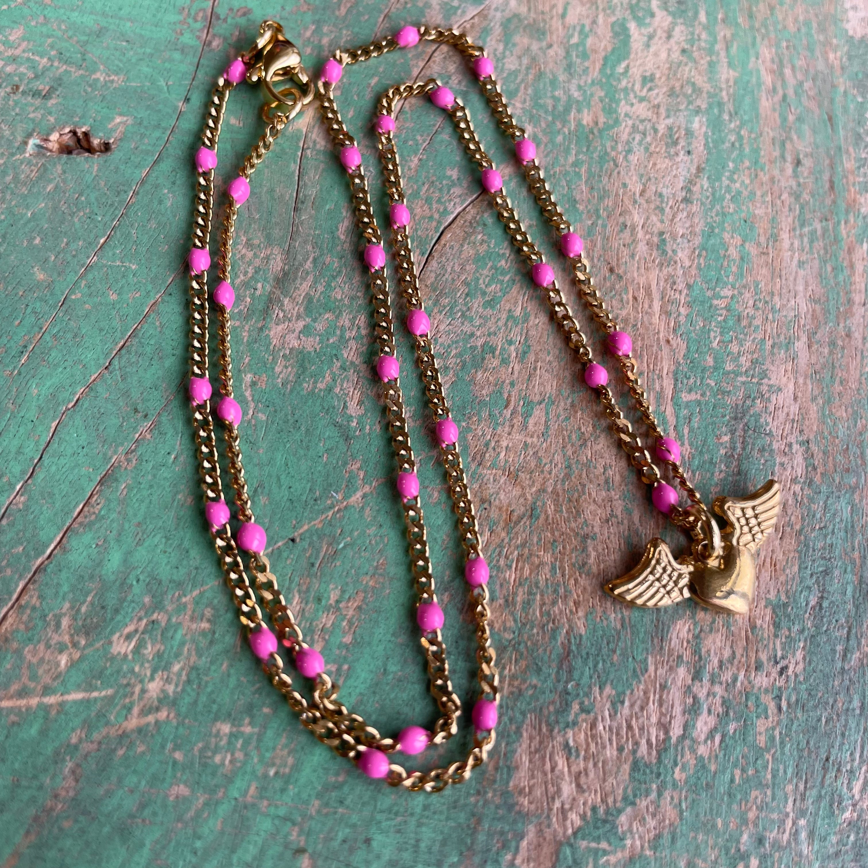 Pink Enamel Heart with Wings Necklace