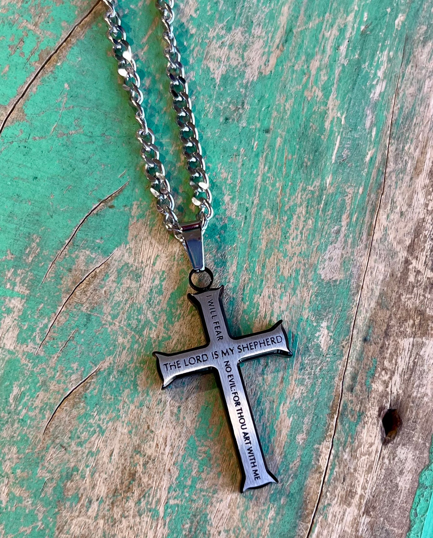 Black and Silver Iron Cross Psalm 23 24” Necklace