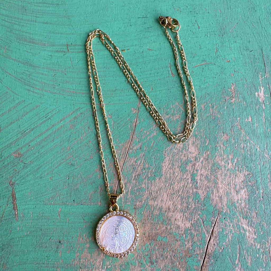 St Benedict Mother of Pearl Pendant Necklace