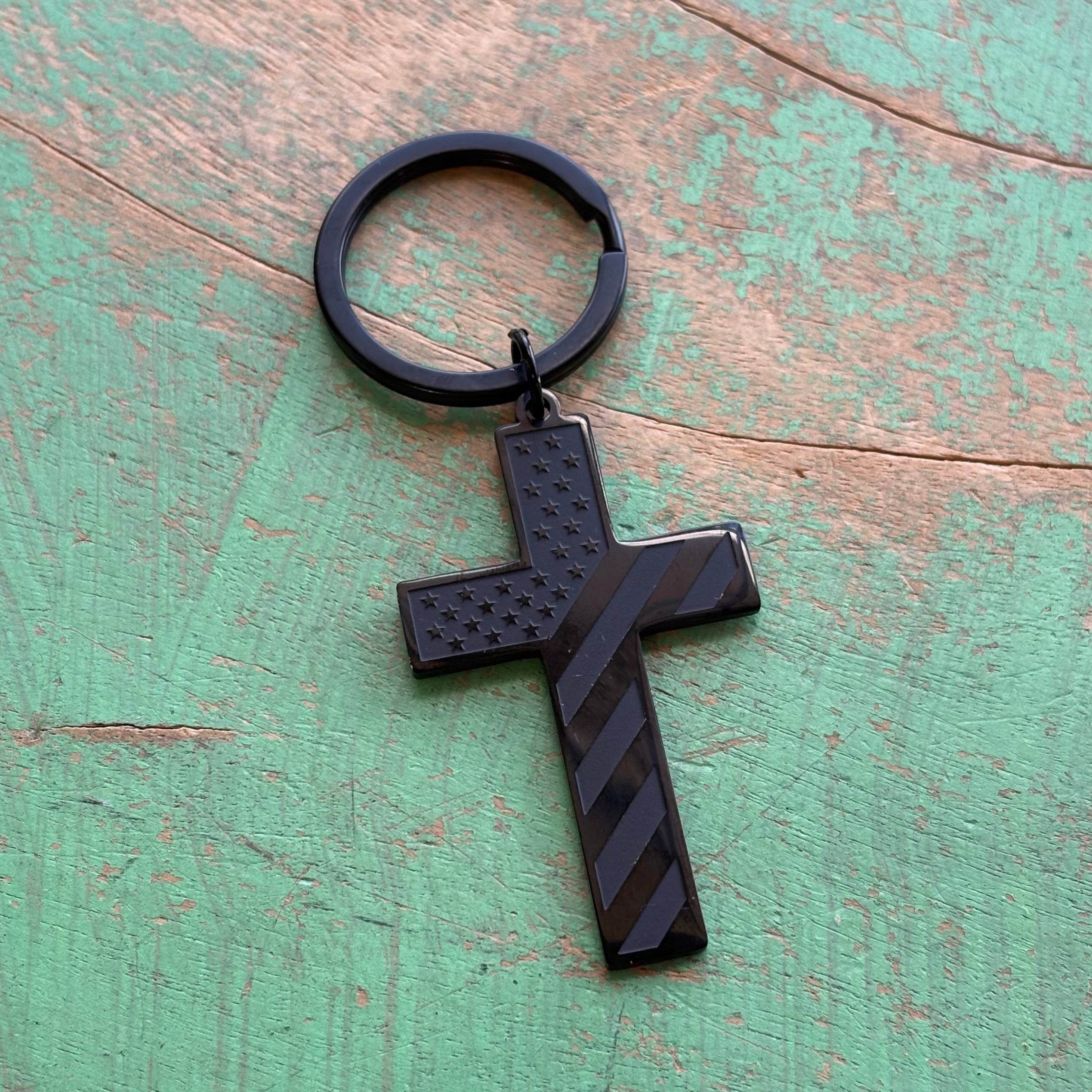 Black Stainless Steel Courageous Cross Keychain