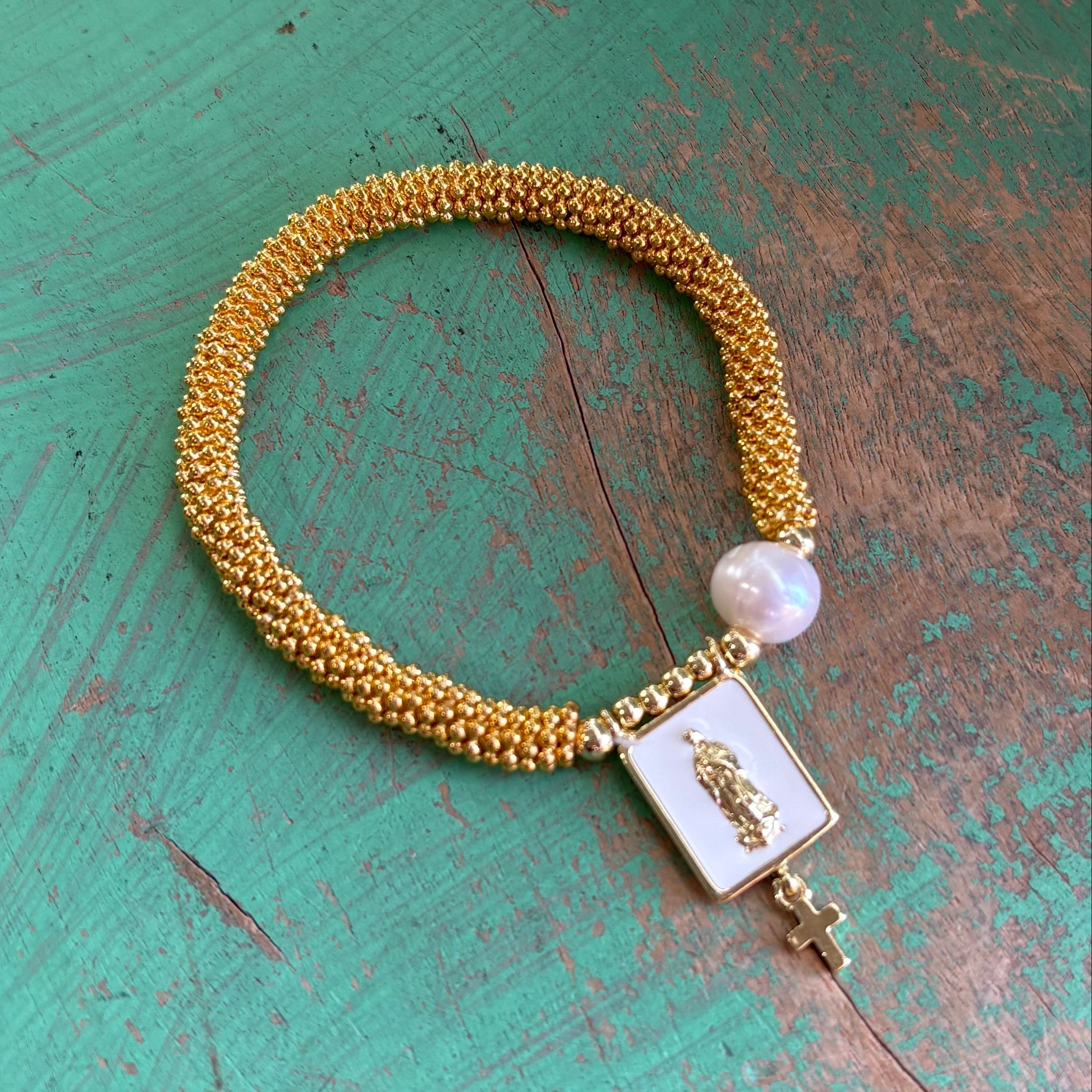 Gold Beaded Freshwater Pearl Faith Bracelets