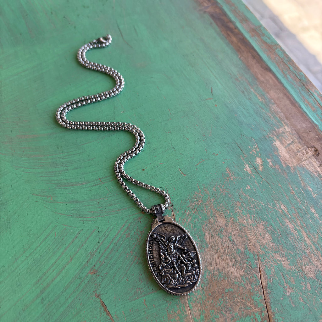 Stainless Steel Oval St Michael Pendant Necklace
