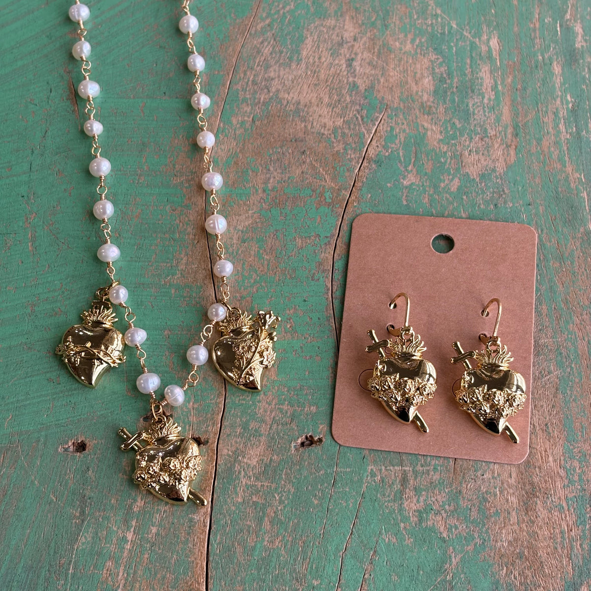 Three Hearts of the Holy Family Freshwater Pearl Necklace