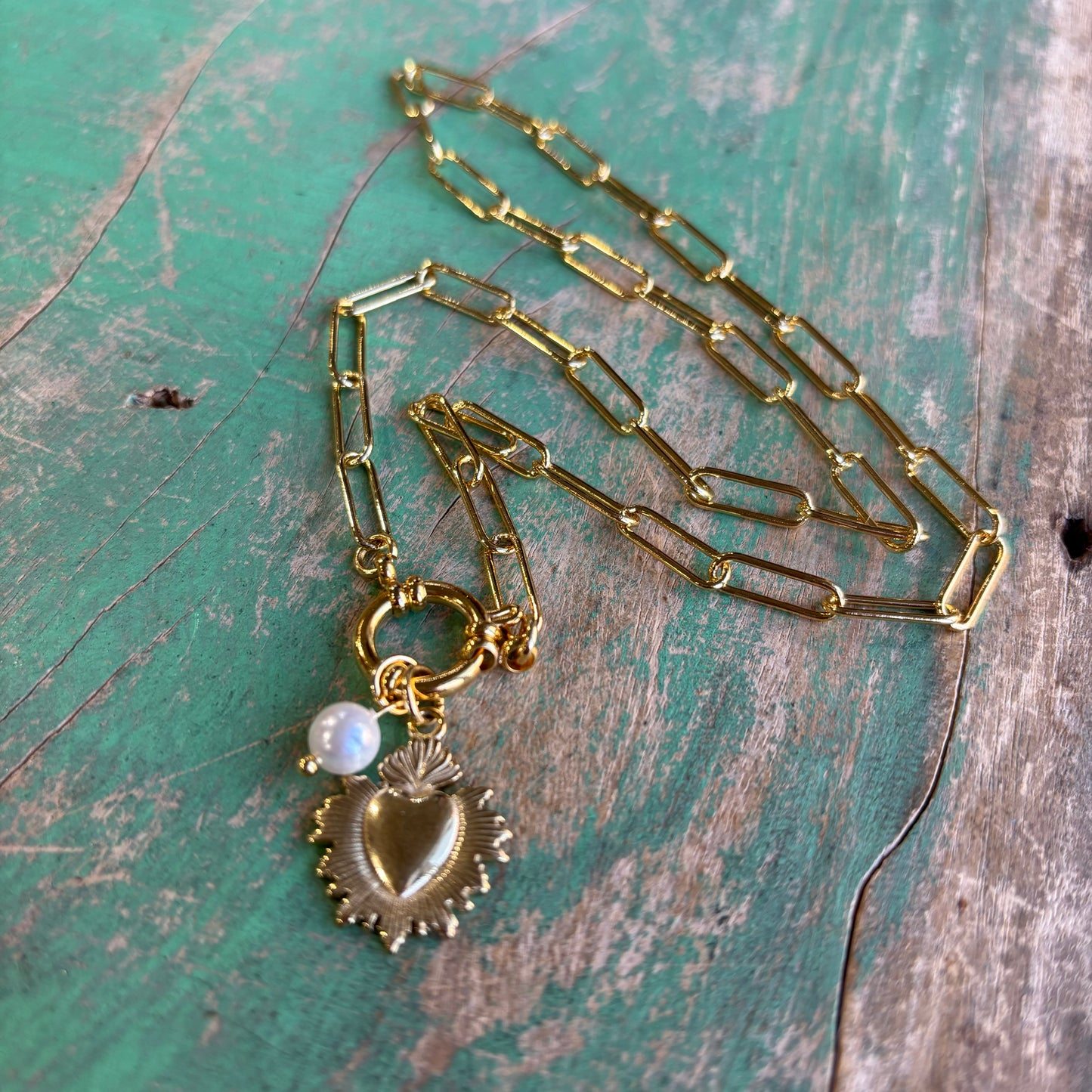 Gold Paperclip Sacred Heart and Pearl Necklace or Bracelet