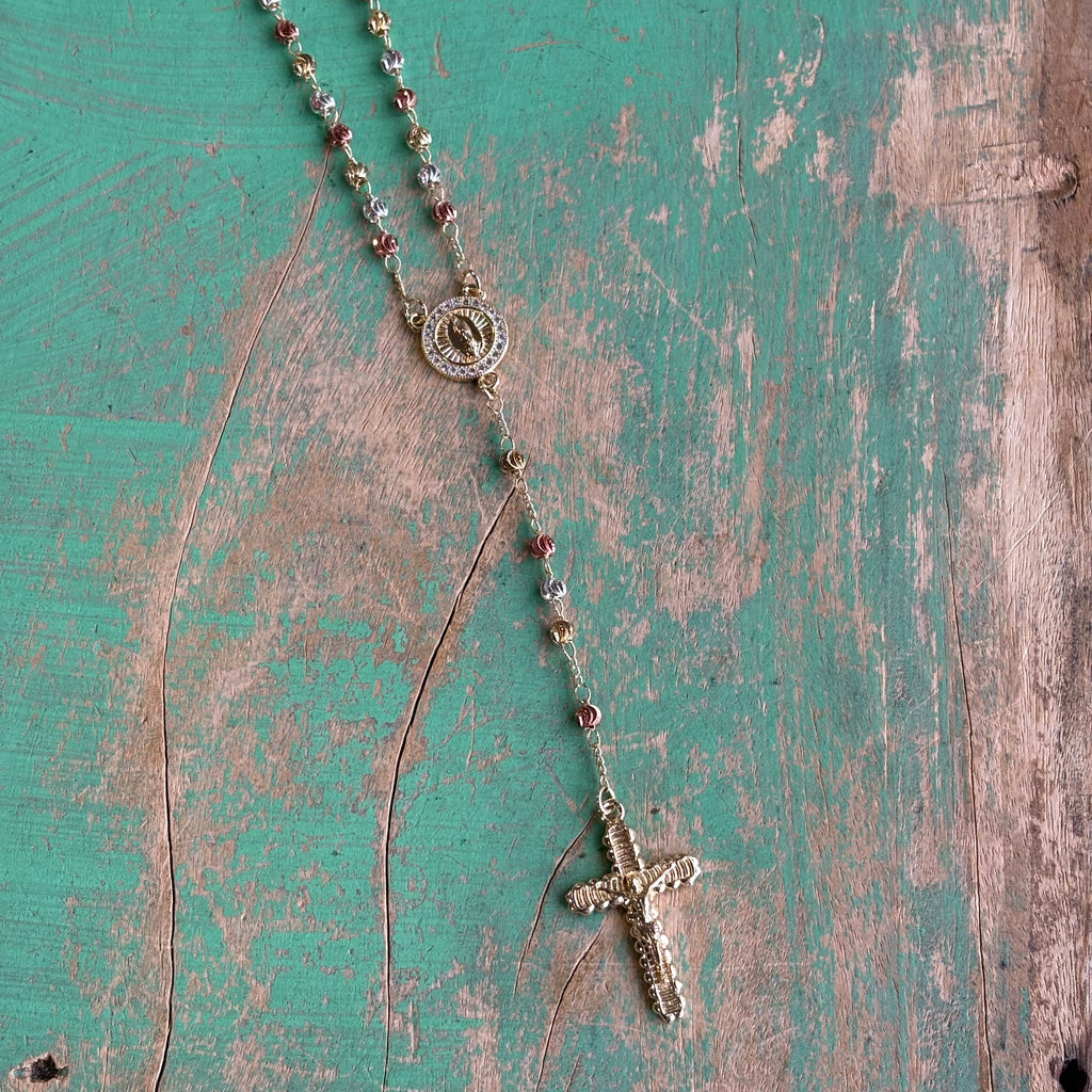Tri-Color Our Lady of Guadalupe Rosary Necklace – 18K Gold Plated