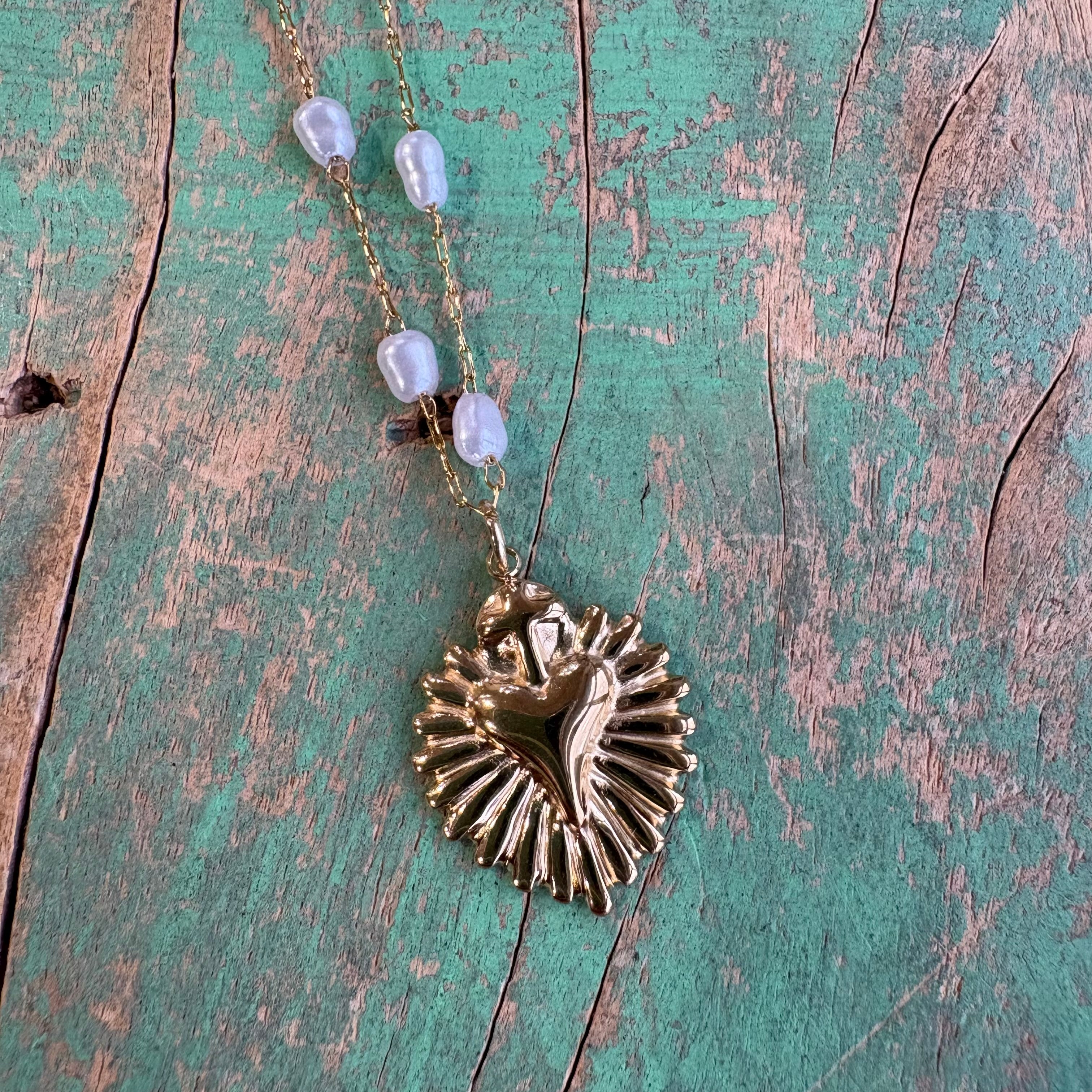 Gold Sacred Heart Pearl Chain Necklace or Earrings