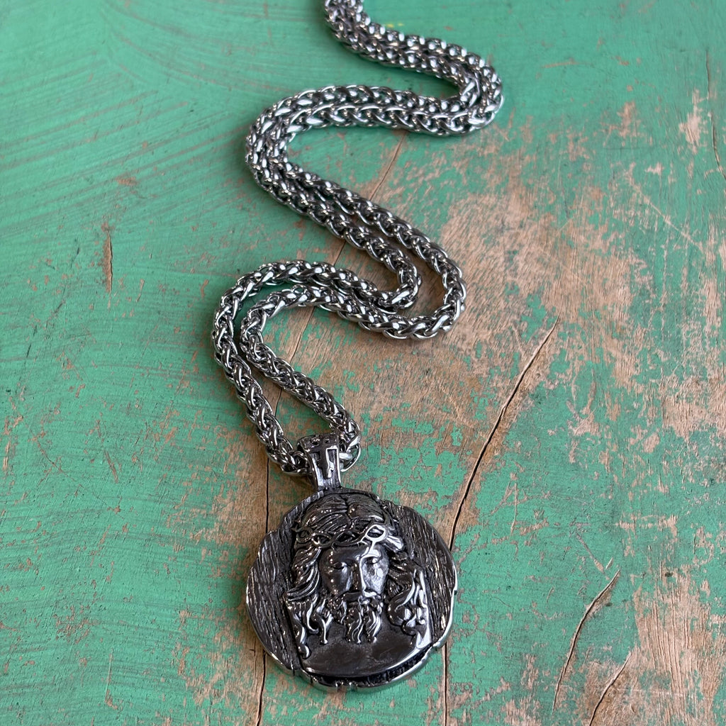 Jesus Medallion Stainless Steel Wheat Chain Necklace – 24”