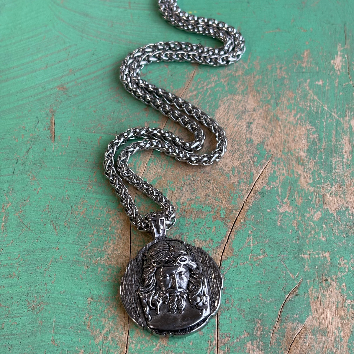 Jesus Medallion Stainless Steel Wheat Chain Necklace – 24”