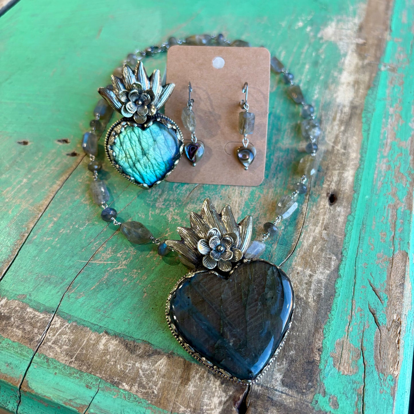 Labradorite Sacred Heart Necklace, Earrings and Rings