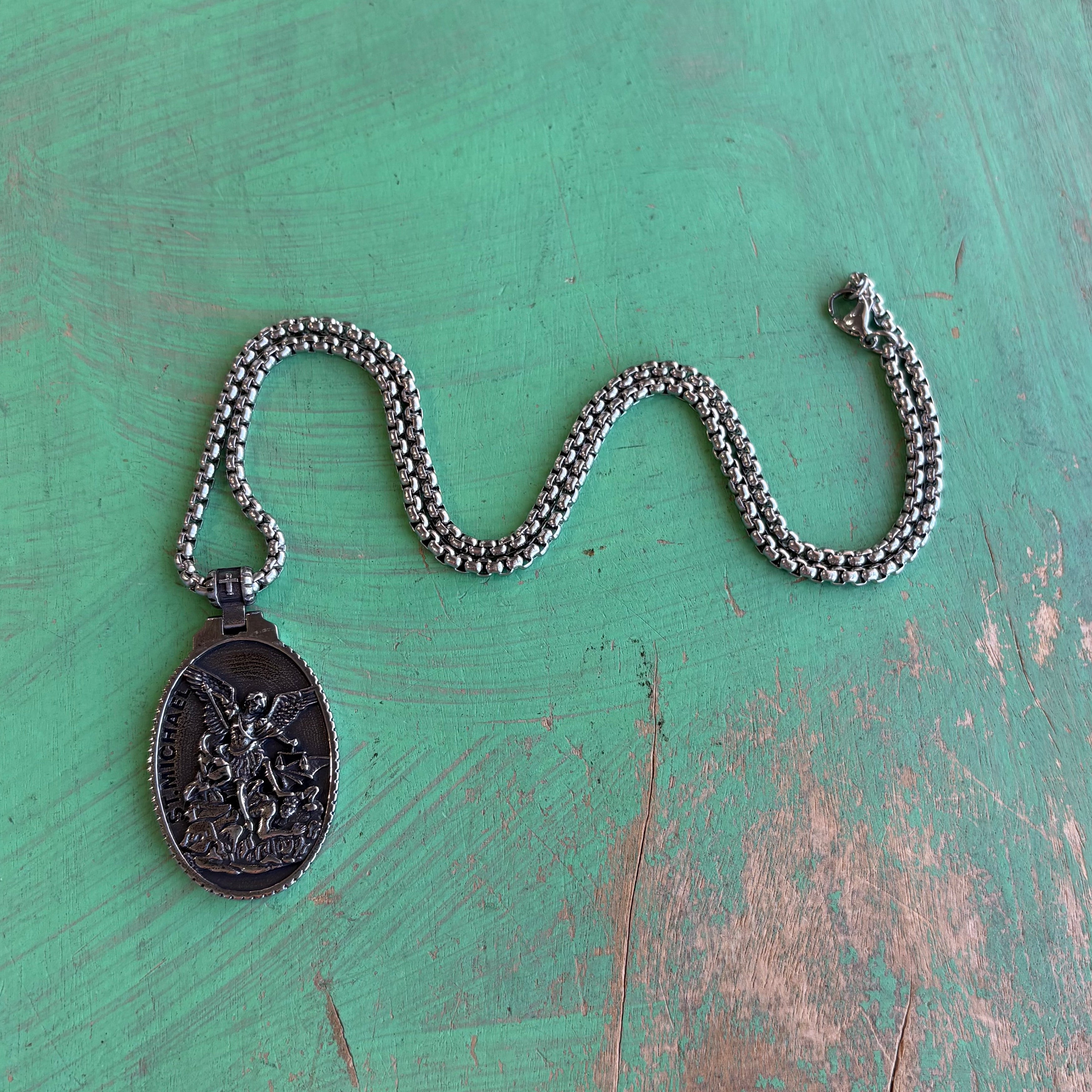 Stainless Steel Oval St Michael Pendant Necklace