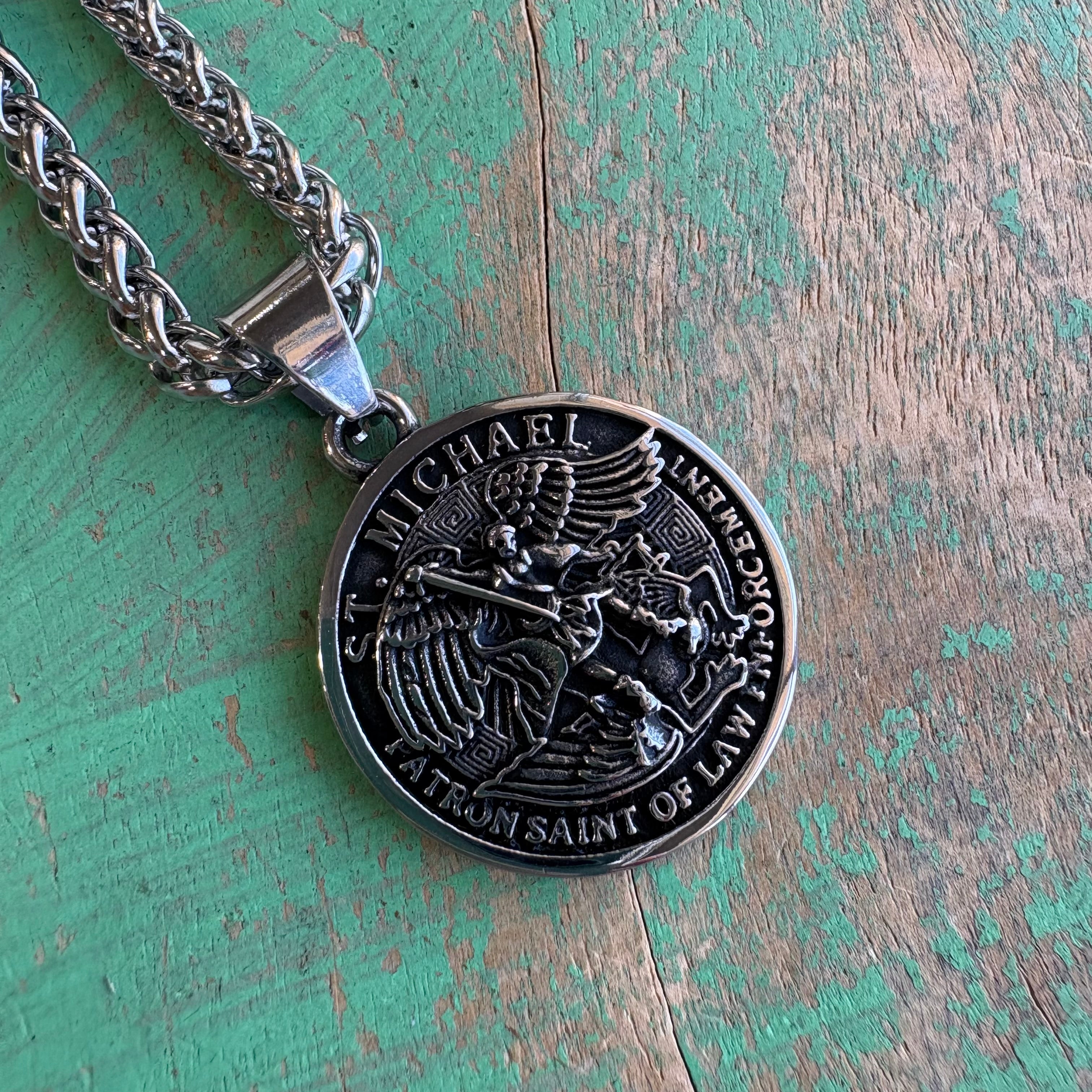 Stainless Steel Round St Michael Pendant Necklace