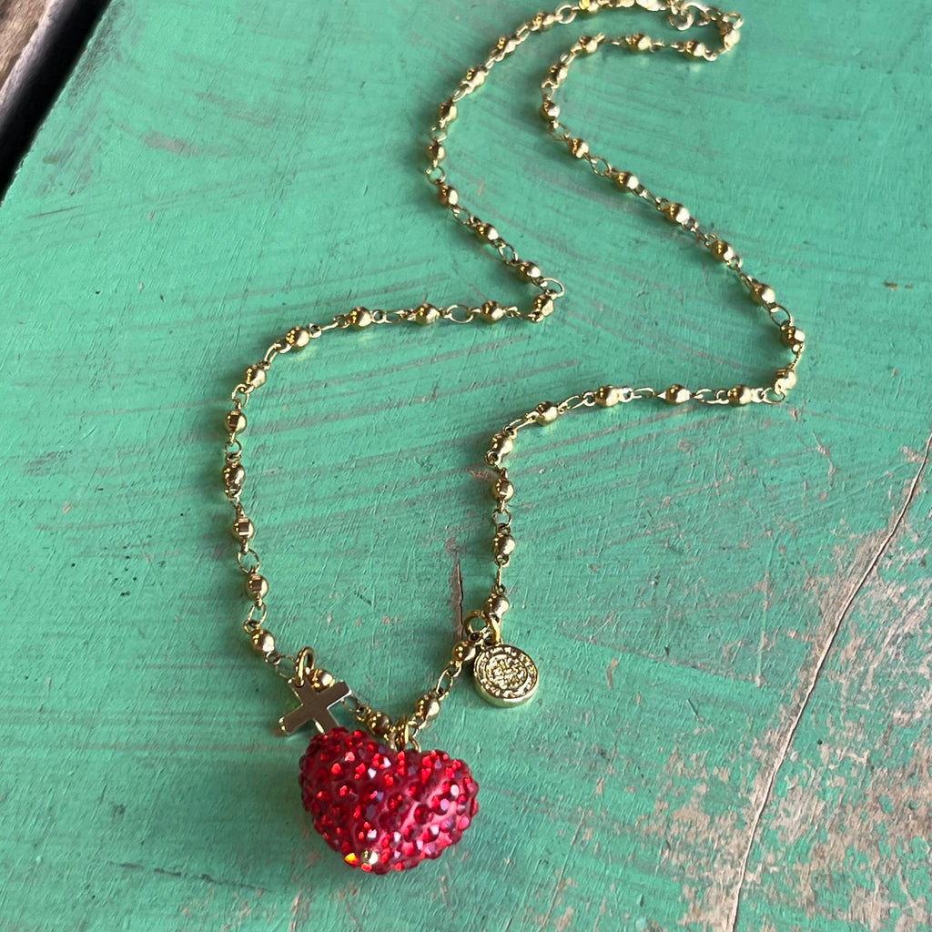 Red Pave Heart St Benedict Necklace