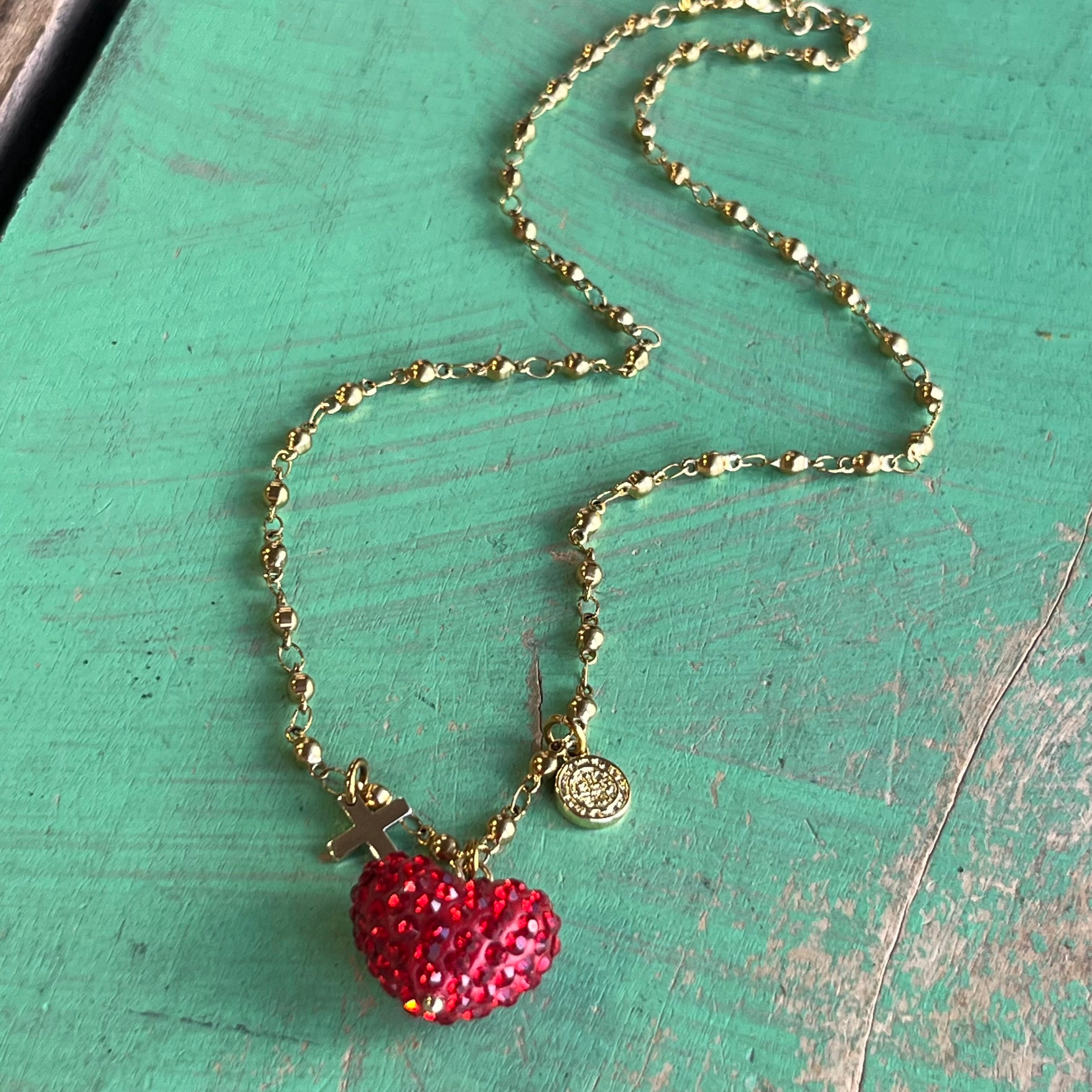 Red Pave Heart St Benedict Necklace