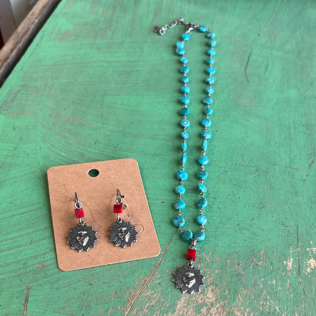 Turquoise Flaming Sacred Heart Necklace or Earrings
