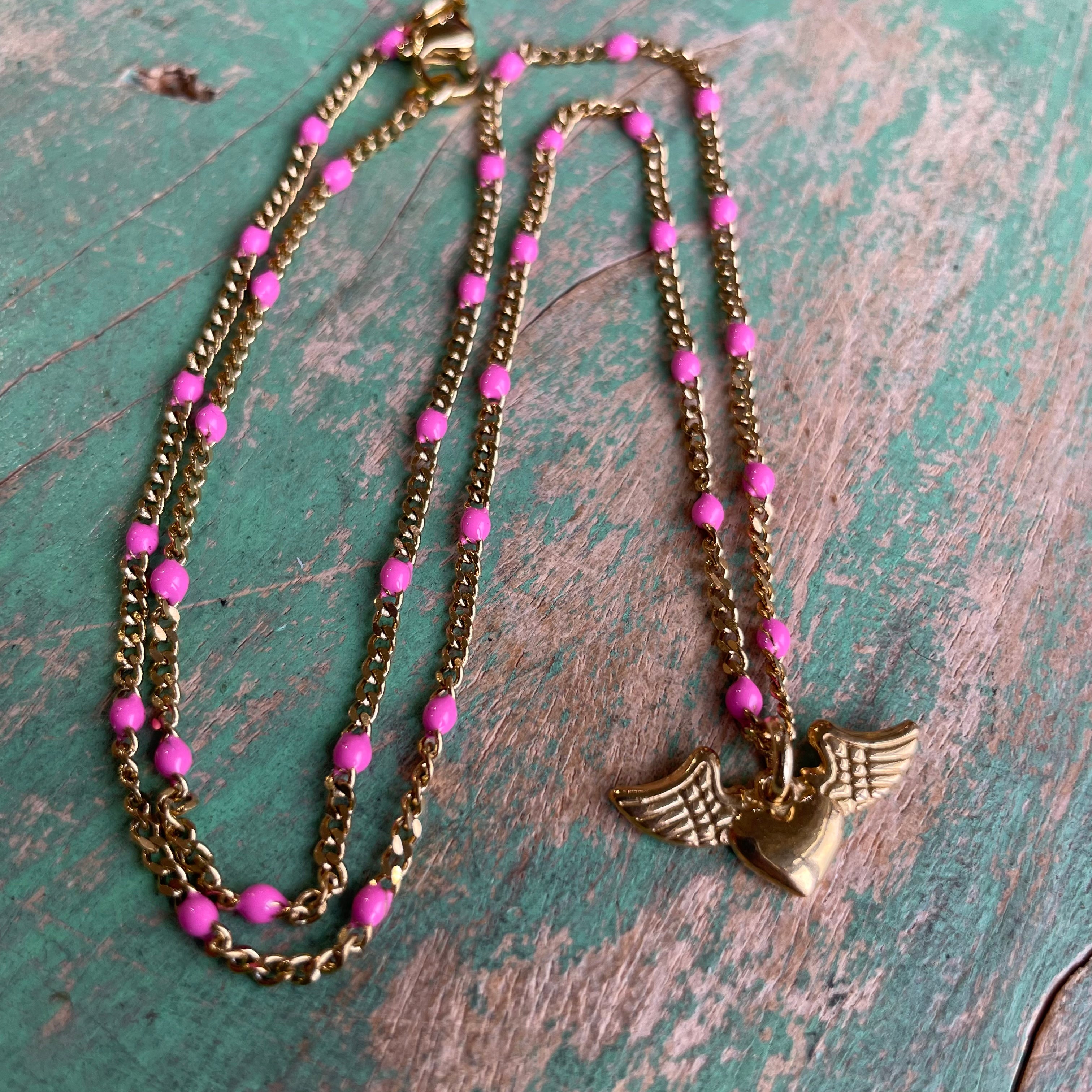 Pink Enamel Heart with Wings Necklace