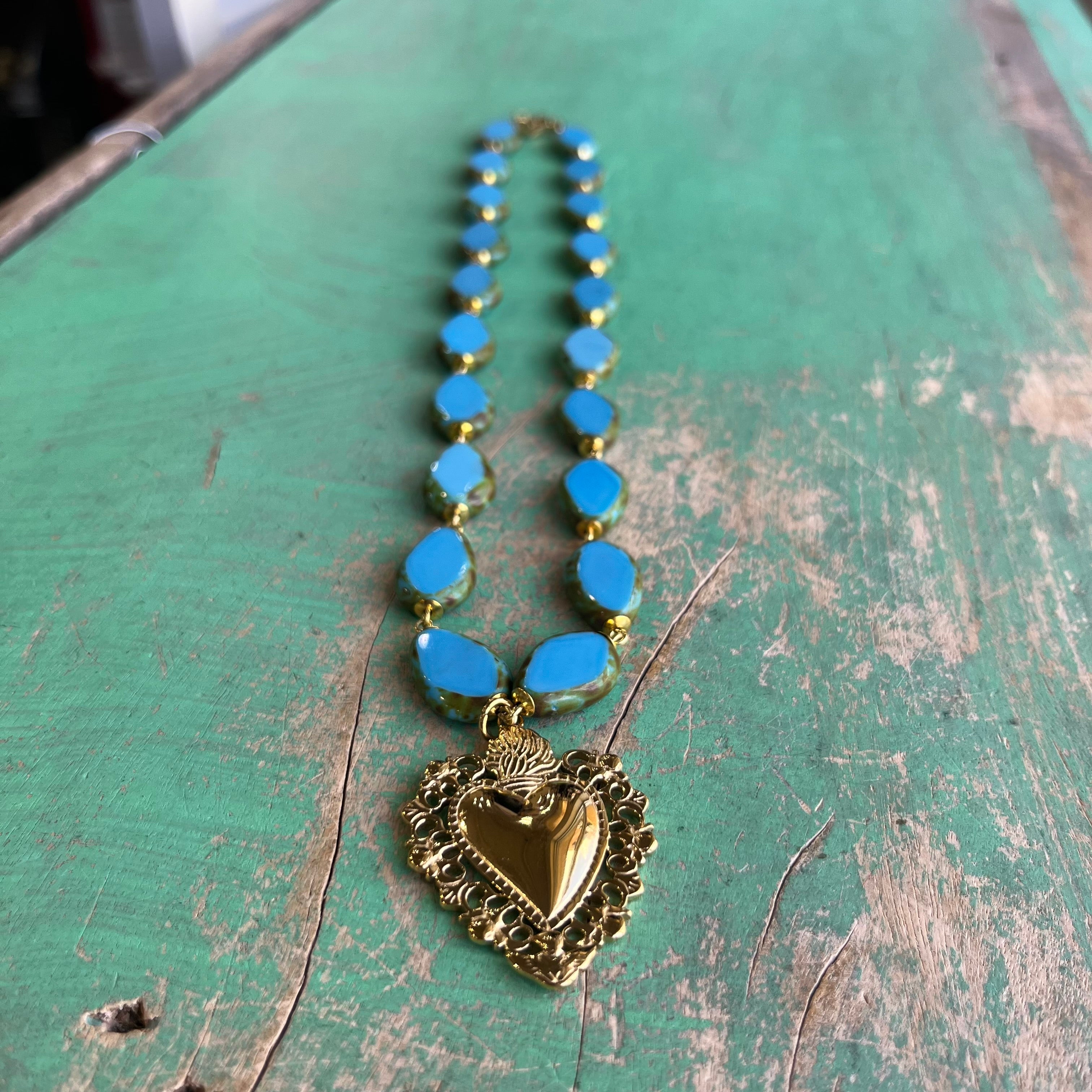 Turquoise and Gold Sacred Heart and Angels Necklace, Bracelet or Earrings