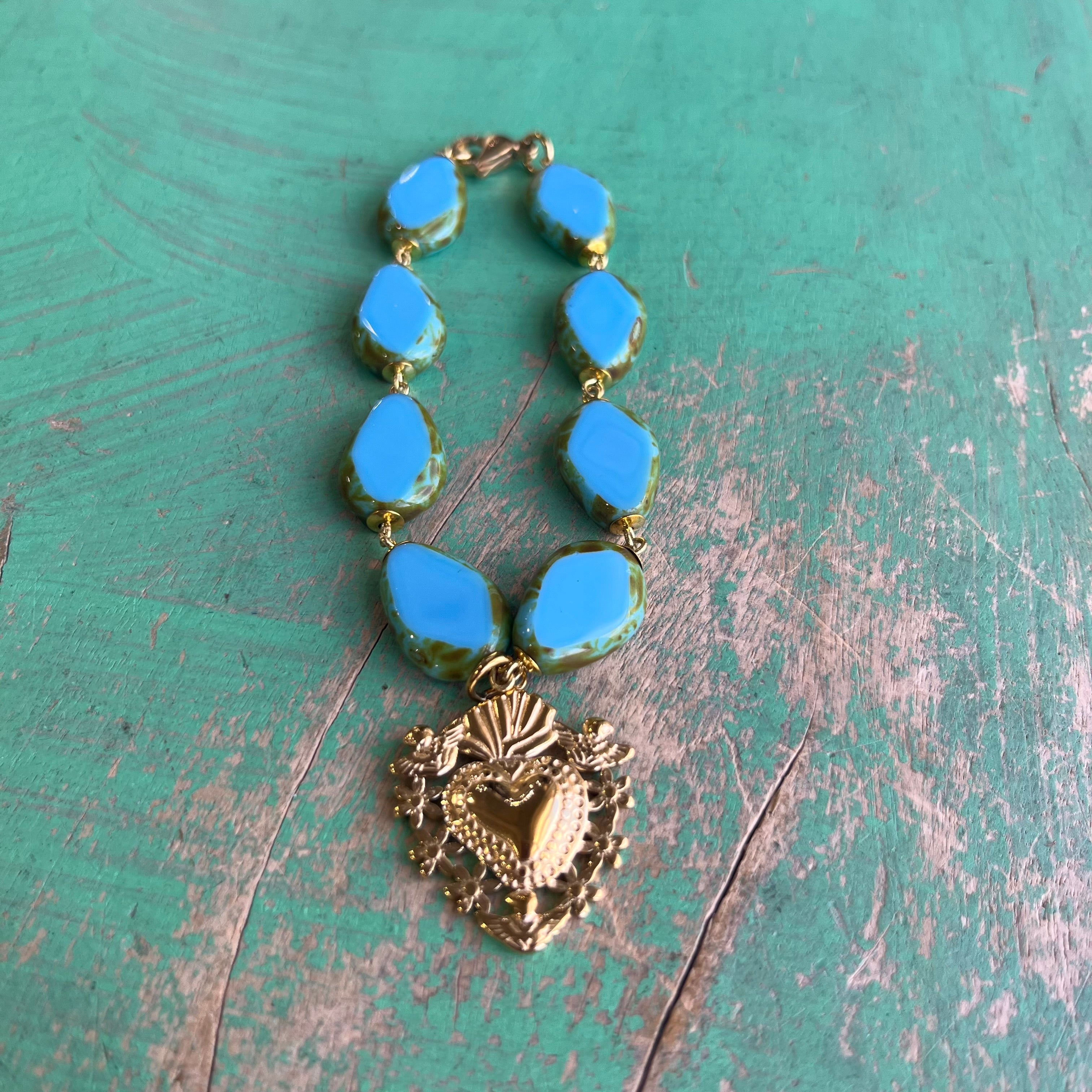 Turquoise and Gold Sacred Heart and Angels Necklace, Bracelet or Earrings