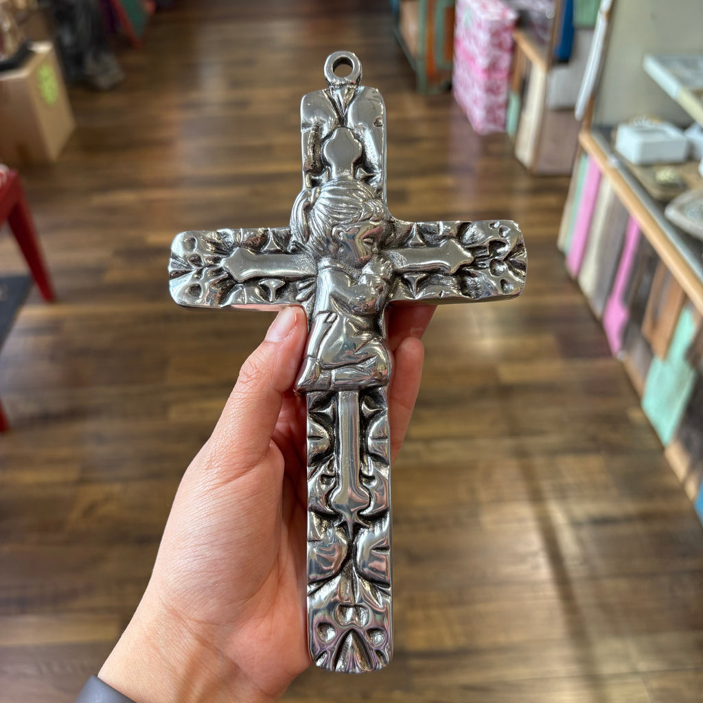 Ornate Pewter Kneeling Girl Cross