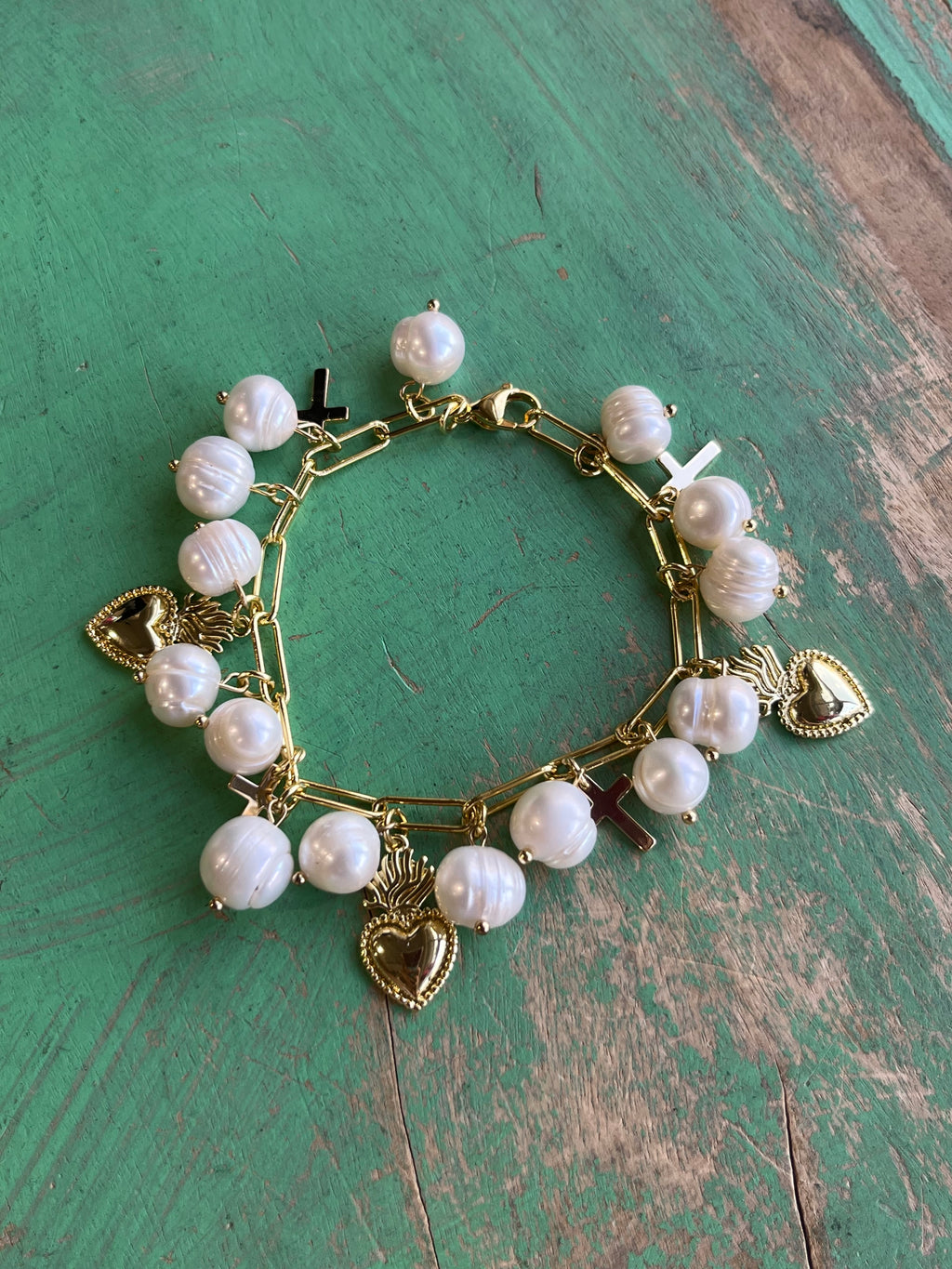 Freshwater Pearl Sacred Heart Charm Bracelet or Earrings