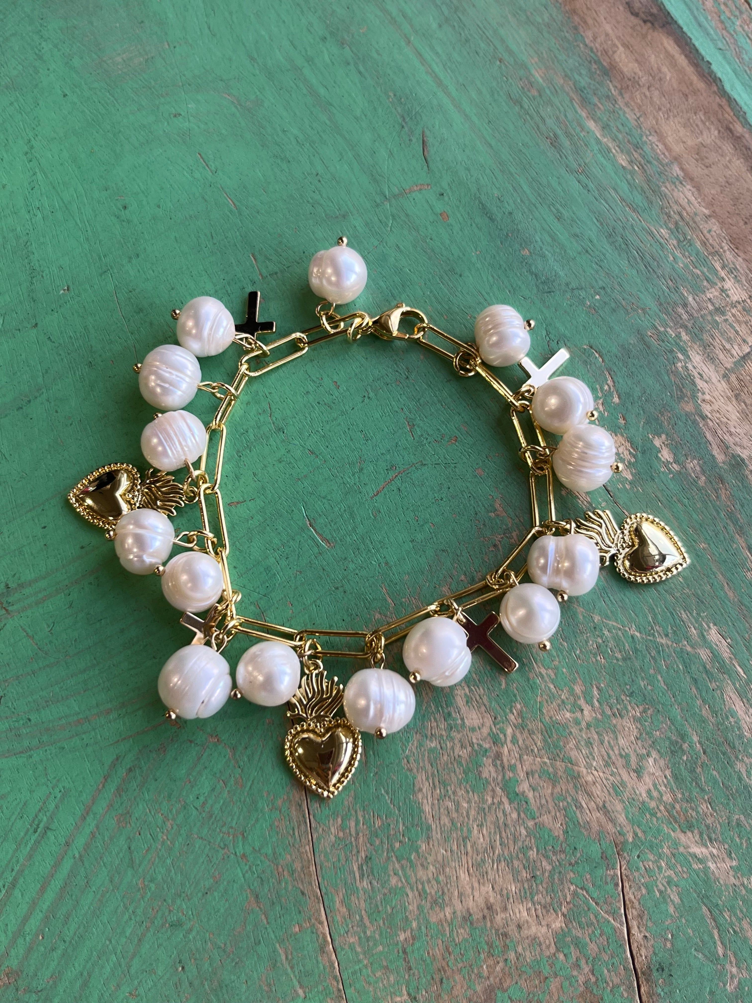 Freshwater Pearl Sacred Heart Charm Bracelet or Earrings