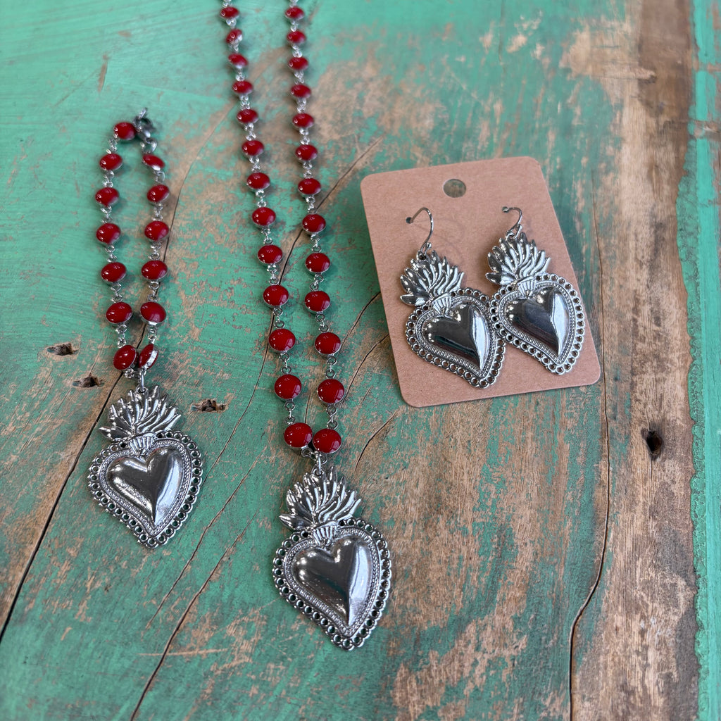 Long Red Enamel Sacred Heart Necklace or Bracelet