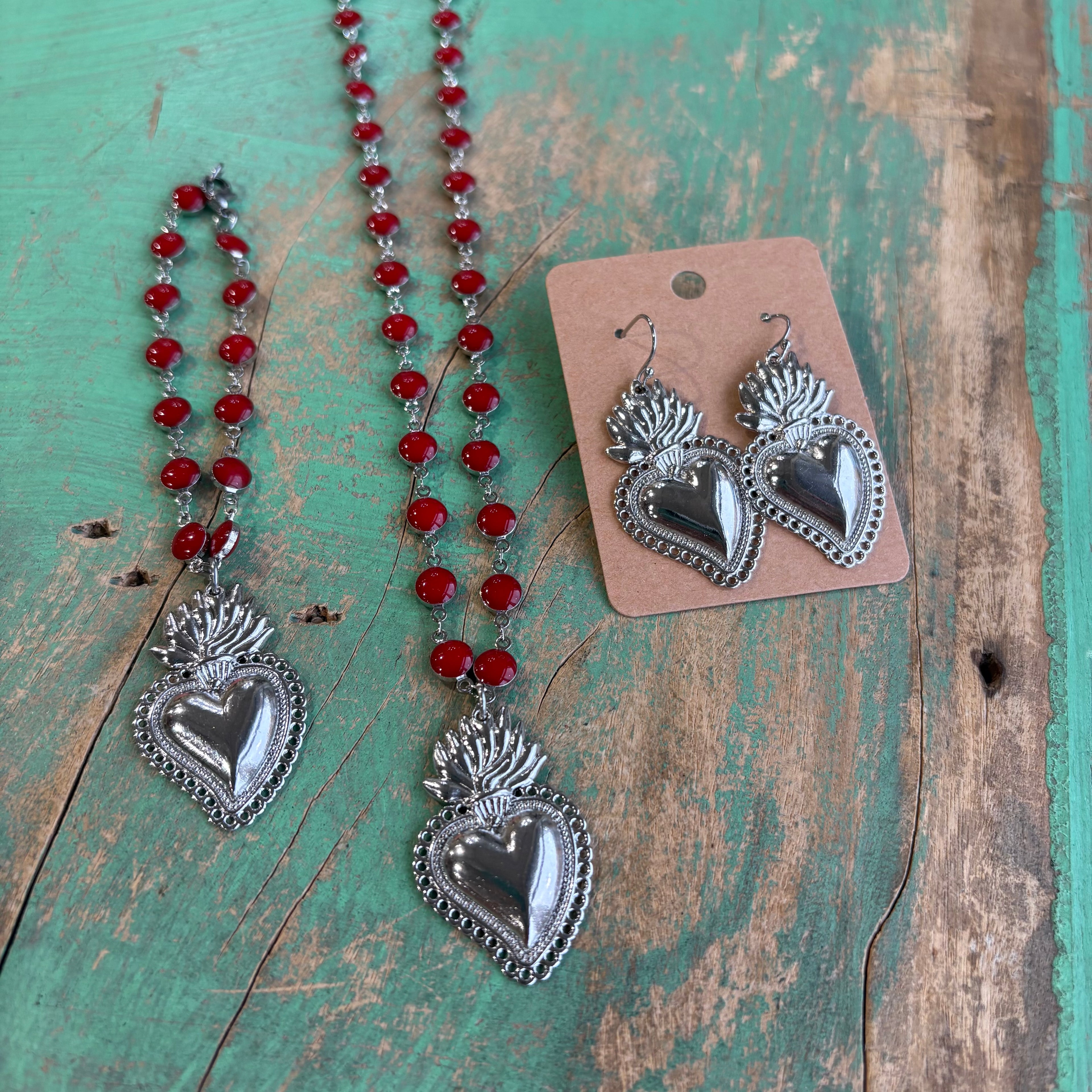 Long Red Enamel Sacred Heart Necklace or Bracelet