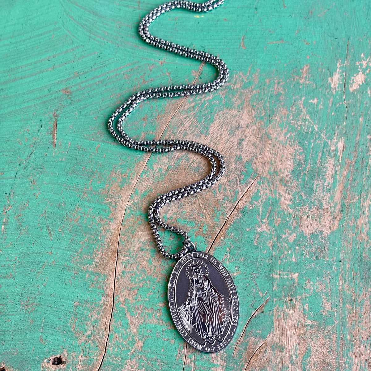 Stainless Steel Miraculous Medal 28” Necklace