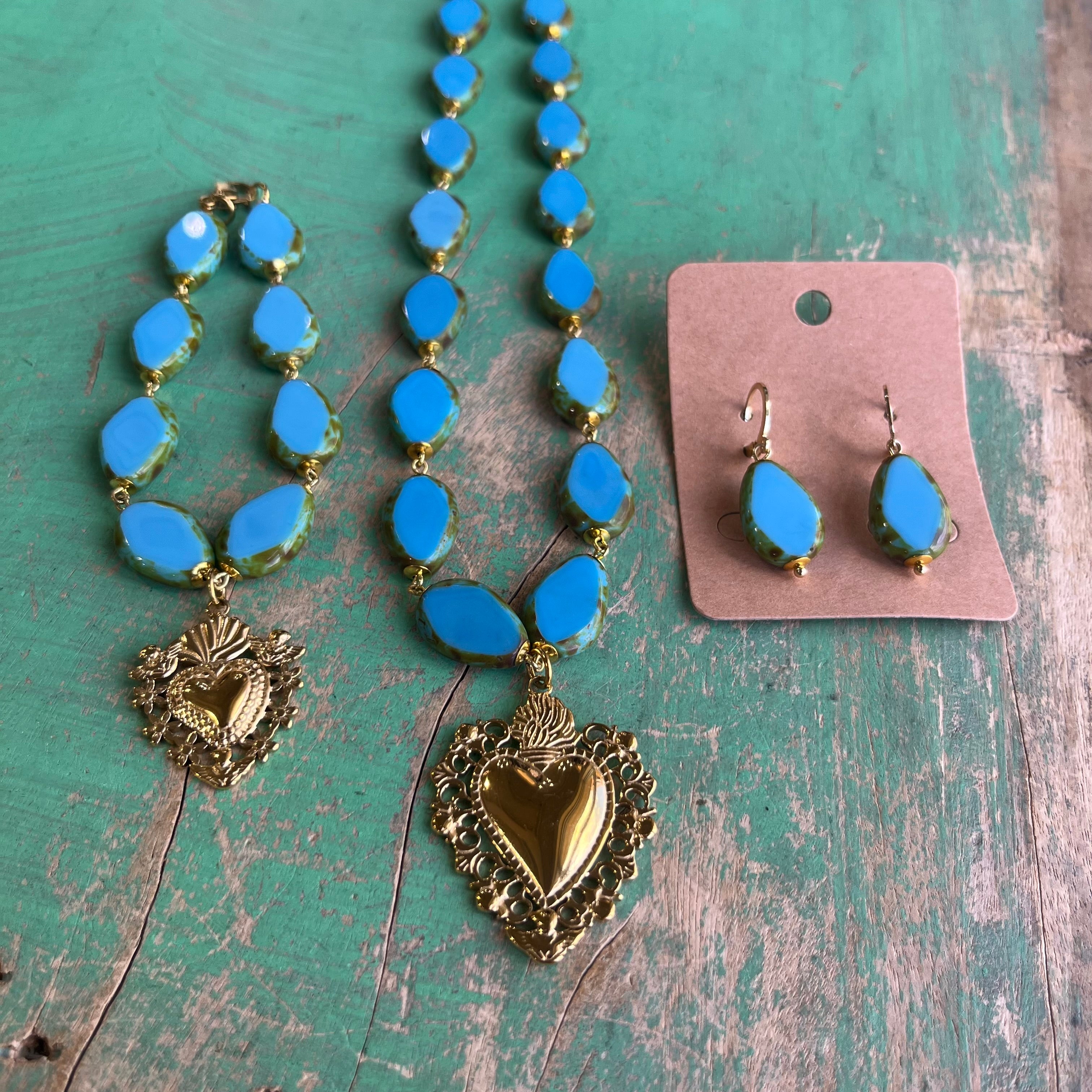 Turquoise and Gold Sacred Heart and Angels Necklace, Bracelet or Earrings