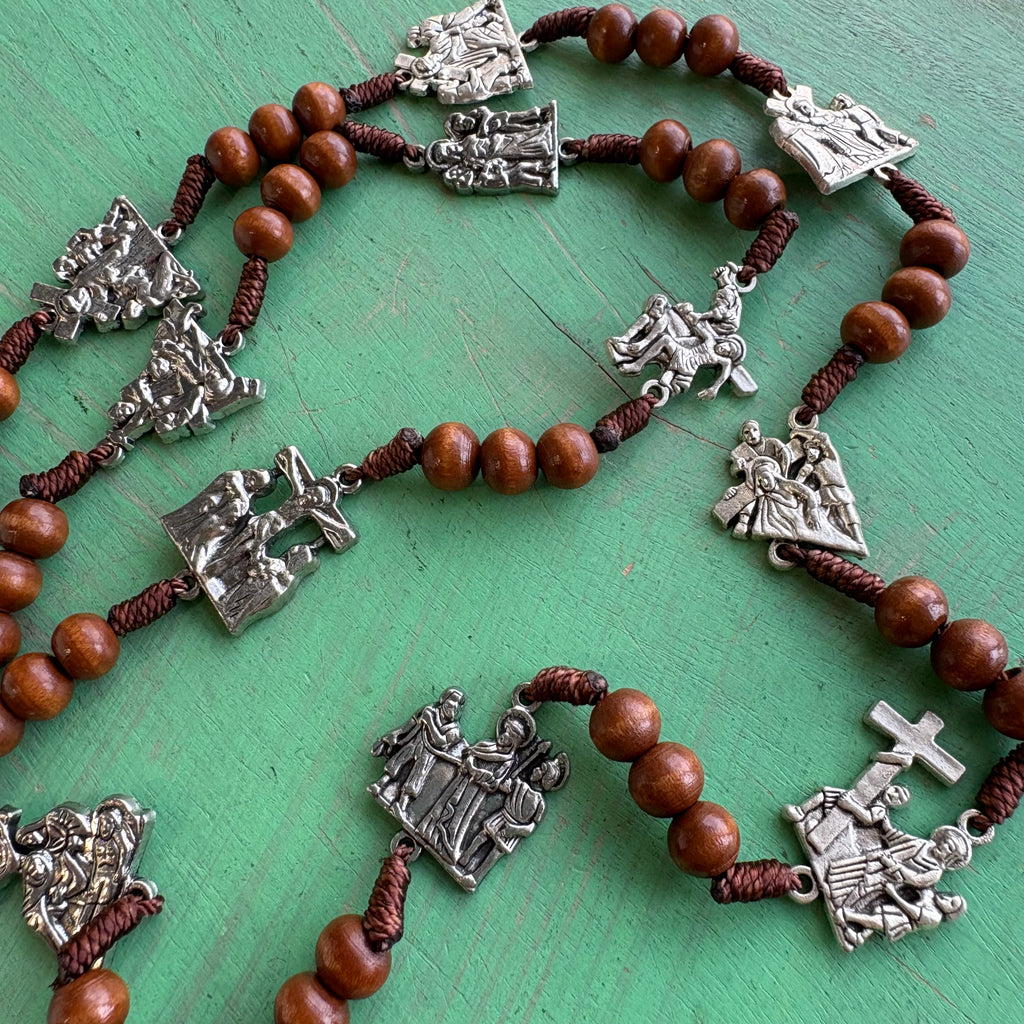 Stations of the Cross Wood Rosary – 36" with Metal Statio