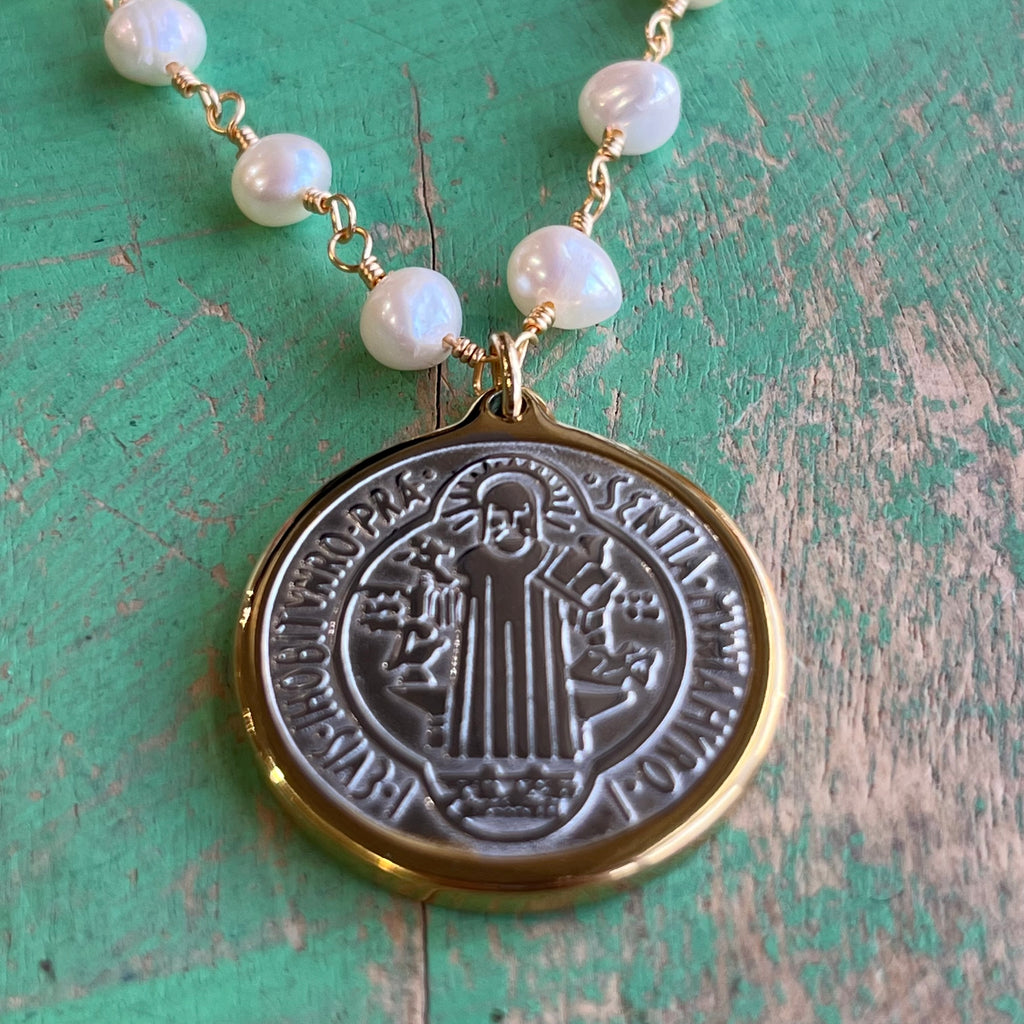 Two Tone St Benedict Freshwater Pearl Necklace or Earrings