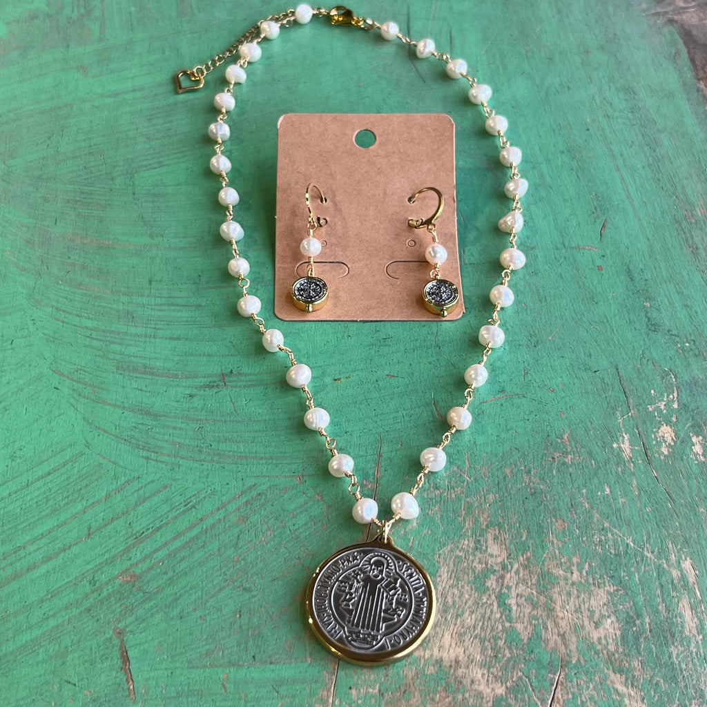Two Tone St Benedict Freshwater Pearl Necklace or Earrings