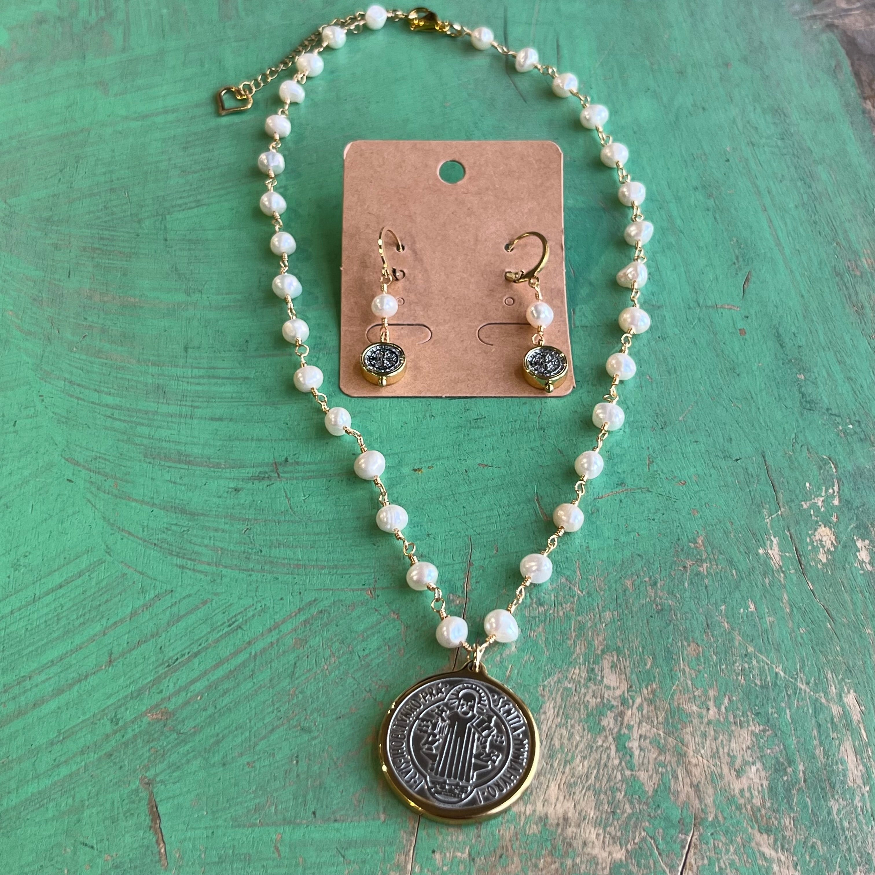 Two Tone St Benedict Freshwater Pearl Necklace or Earrings