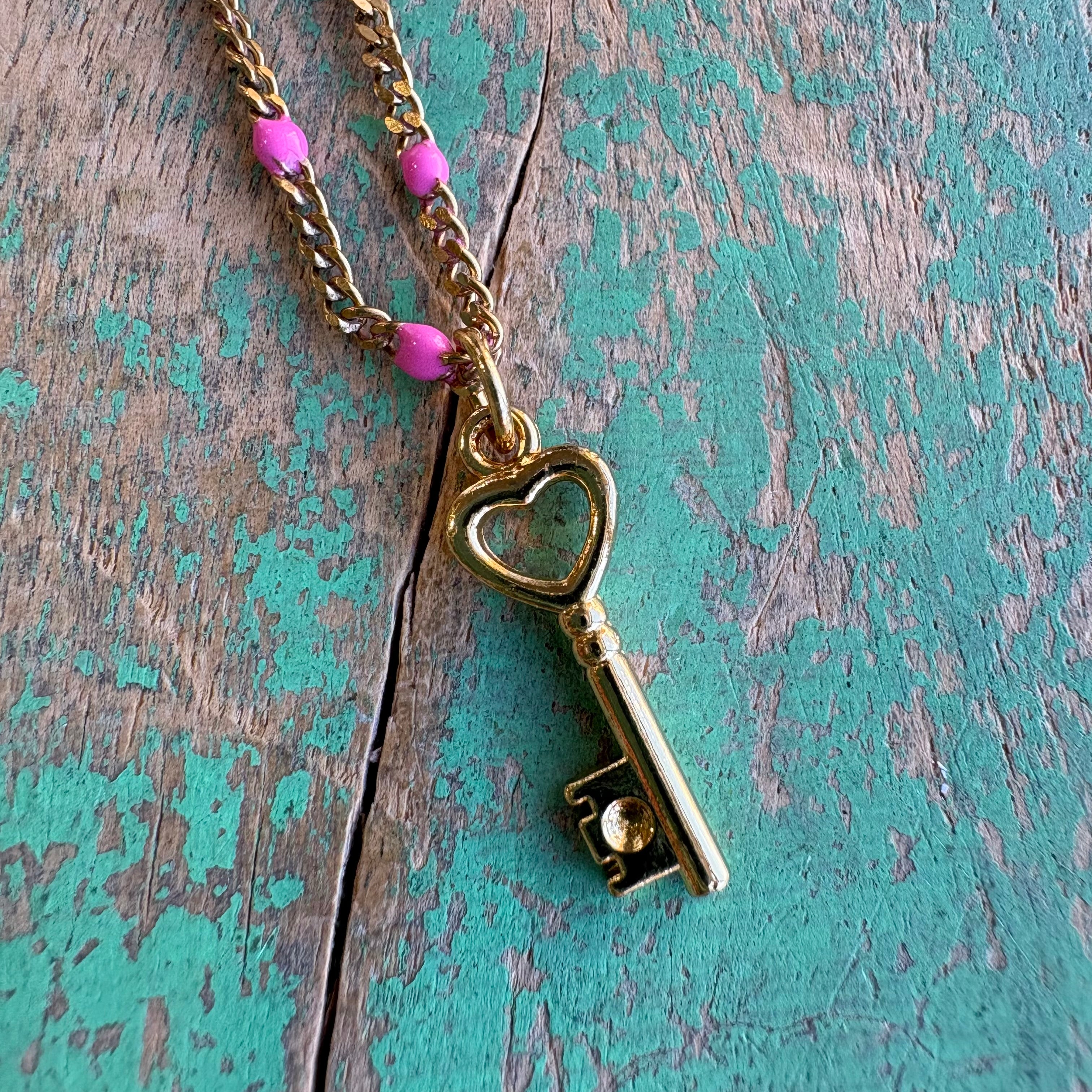 Pink Enamel Key to My Heart Necklace