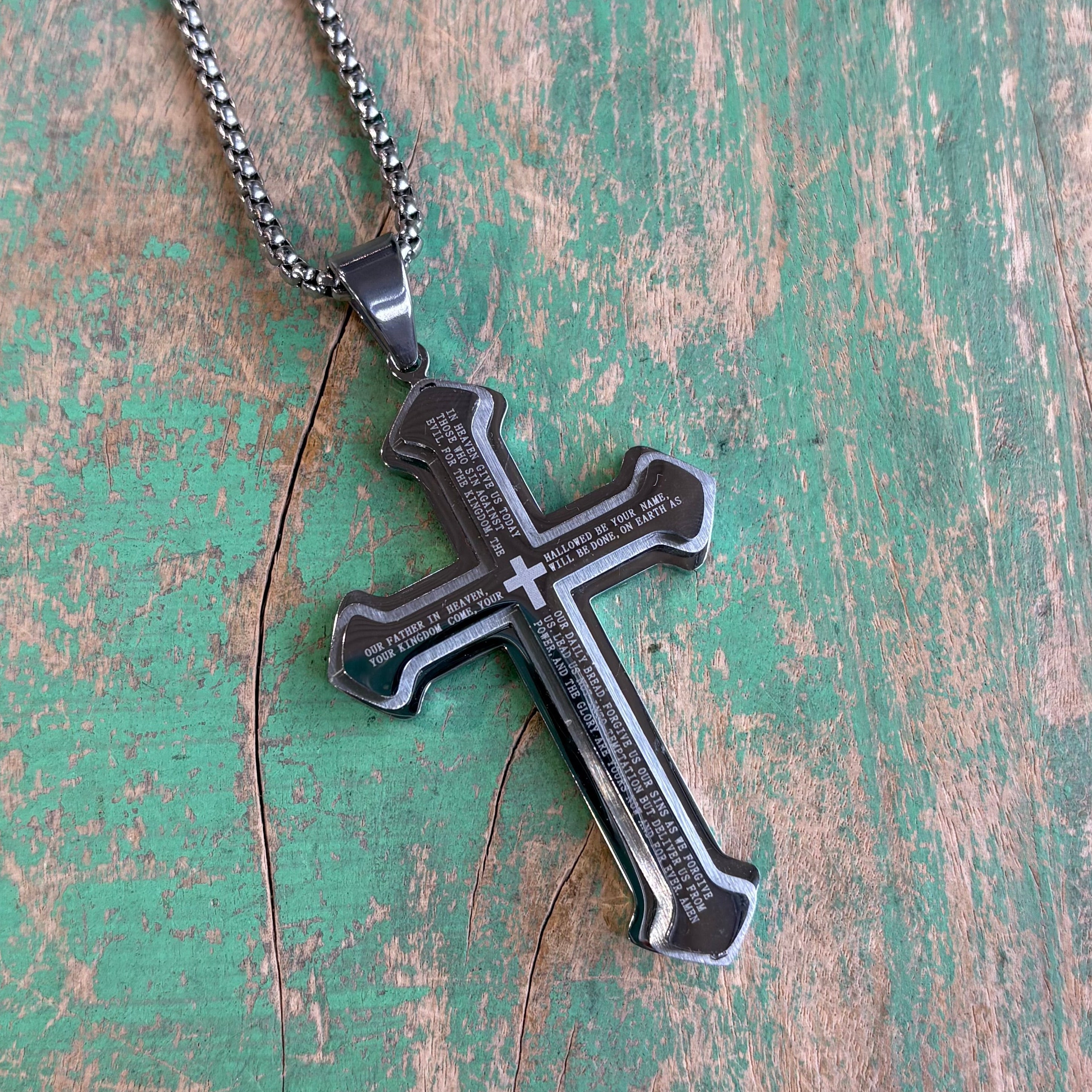 Stainless Steel Big Our Father Cross Necklace