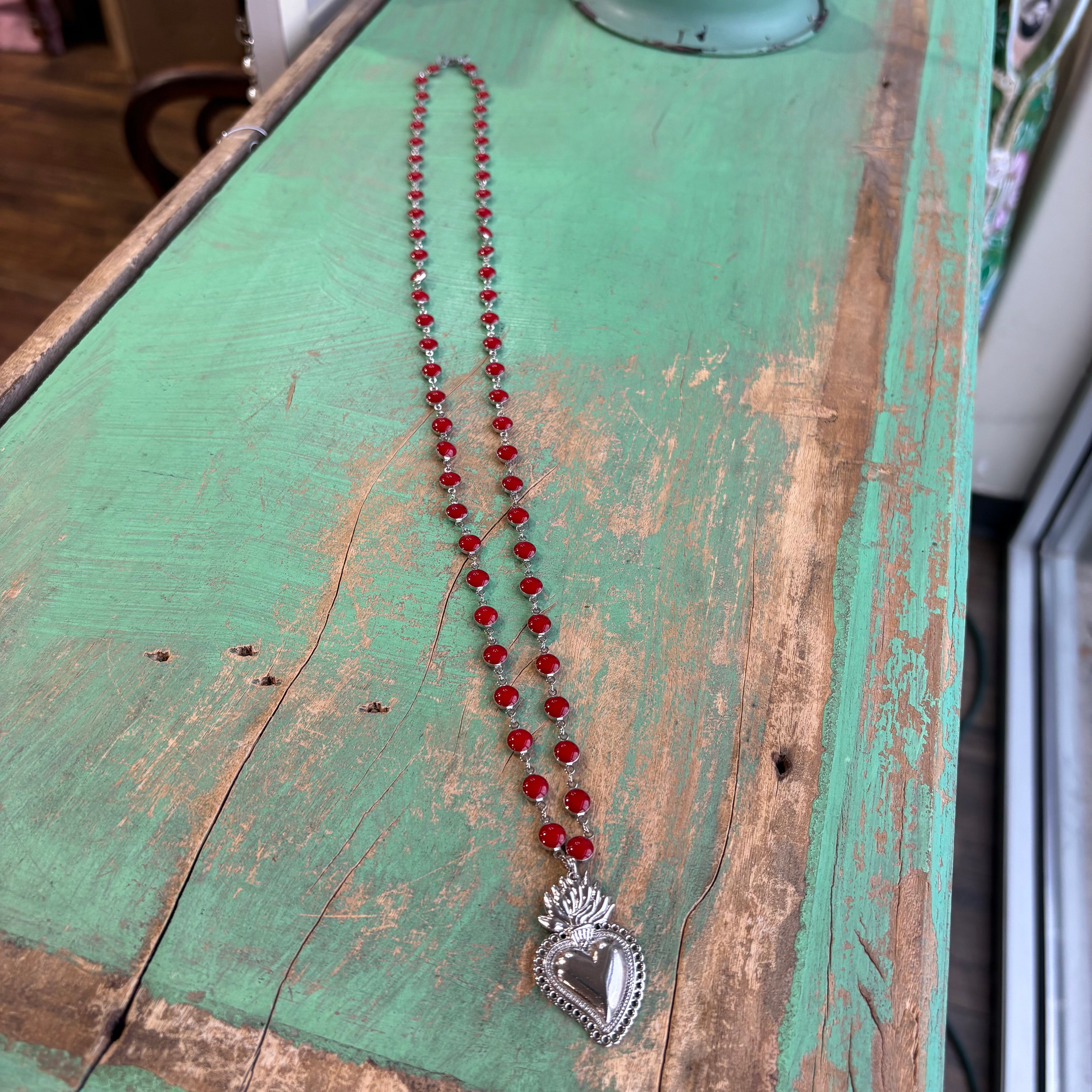 Long Red Enamel Sacred Heart Necklace or Bracelet