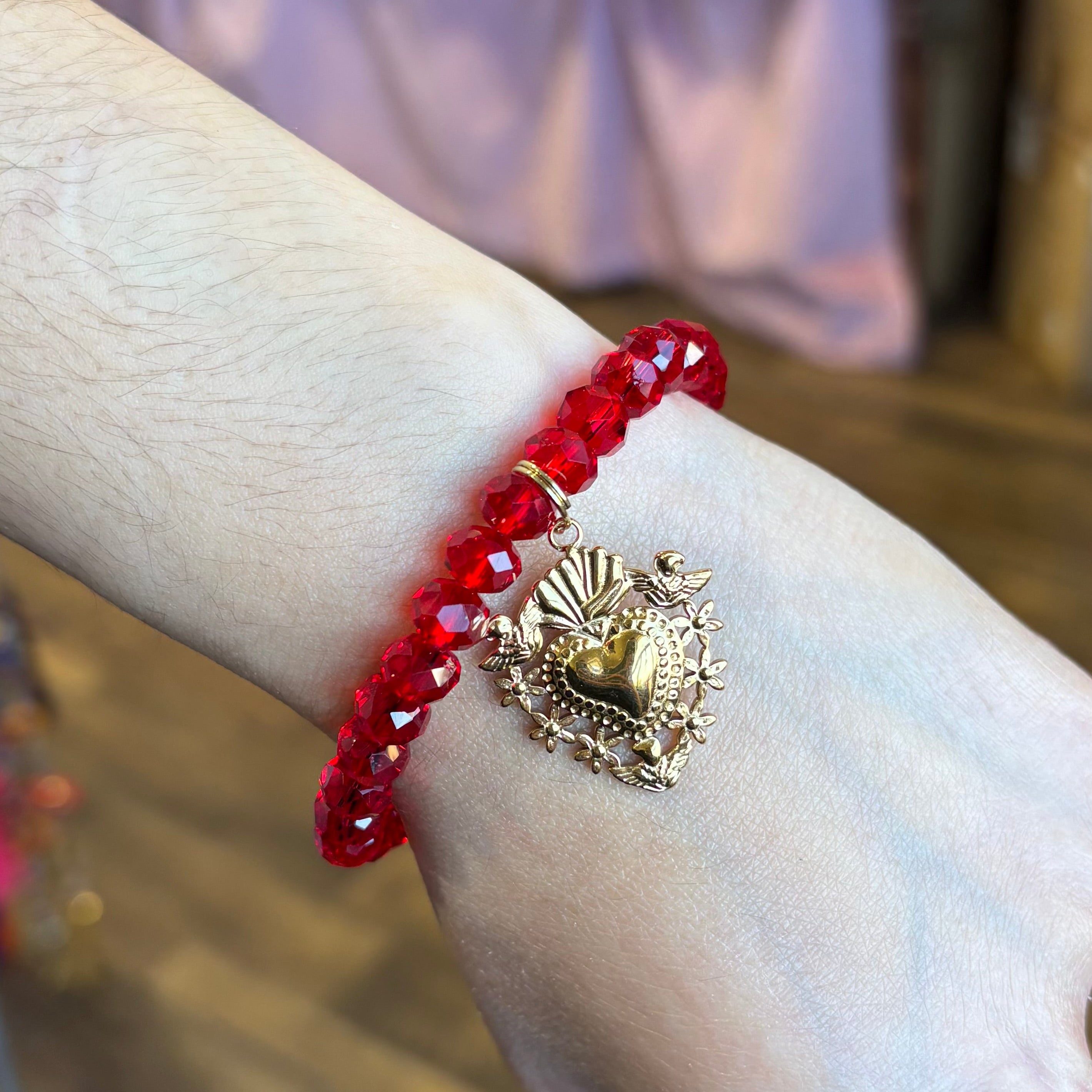 Red Crystal Gold Sacred Heart Bracelet