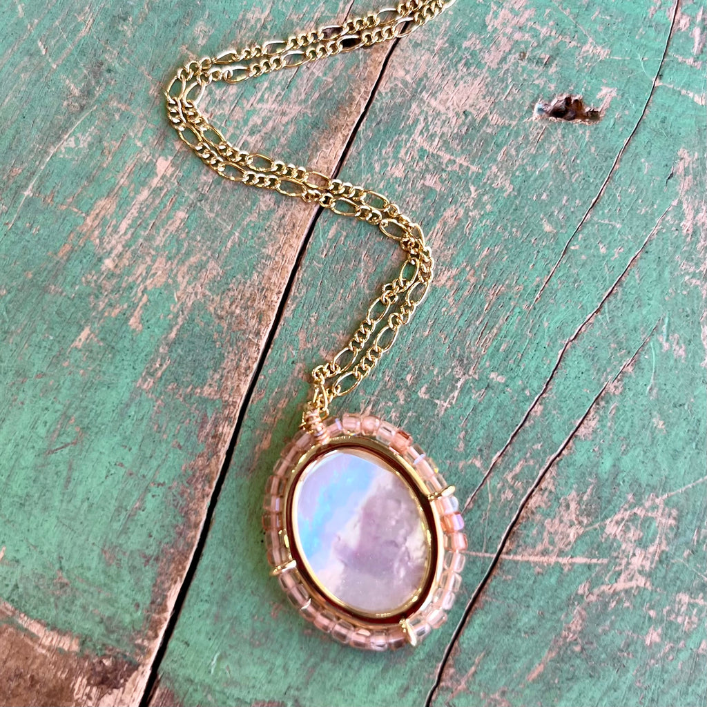 Figaro Chain with Oval Our Lady of Grace Mother of Pearl Beaded Pendant