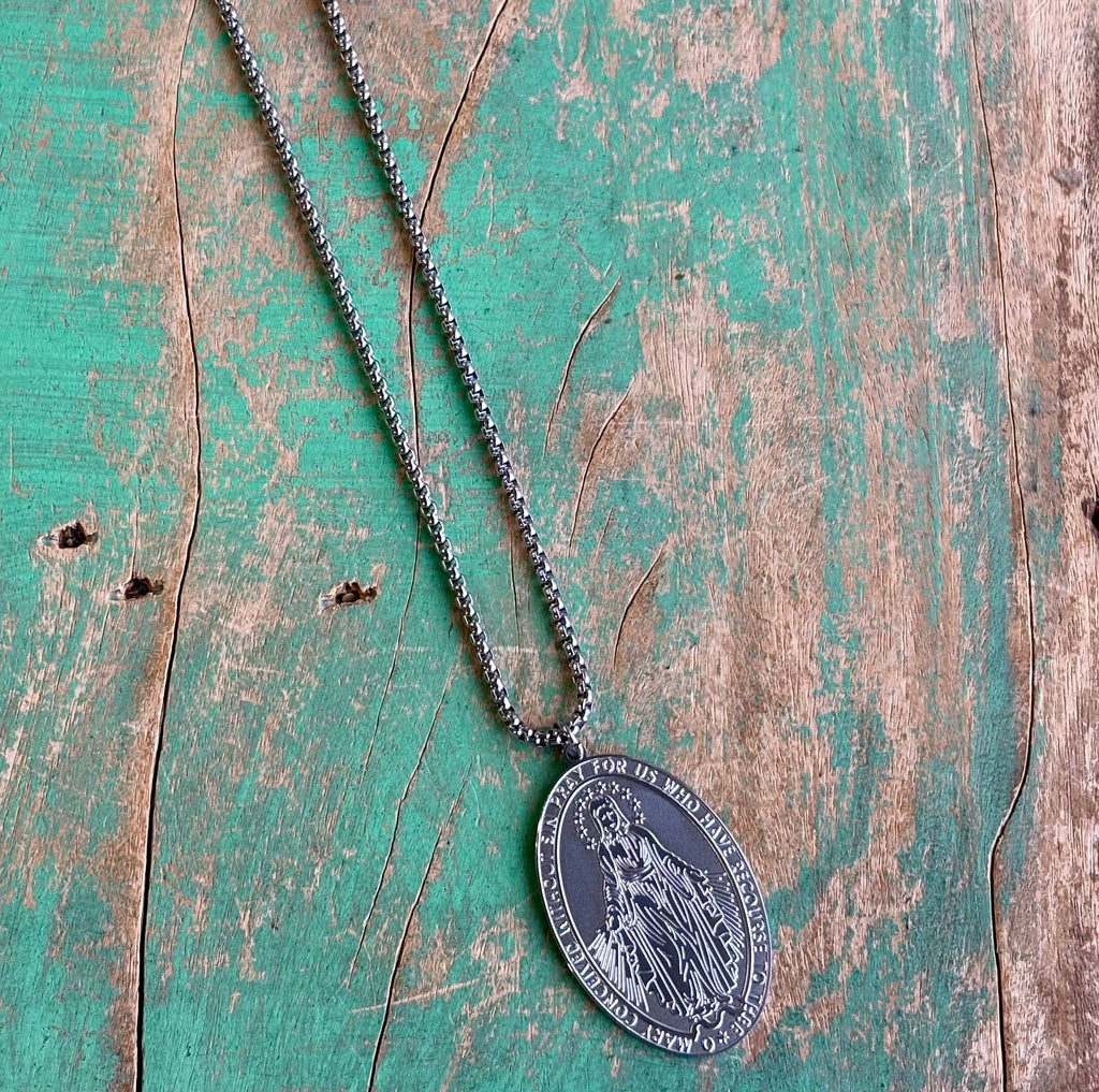 Stainless Steel Miraculous Medal 28” Necklace