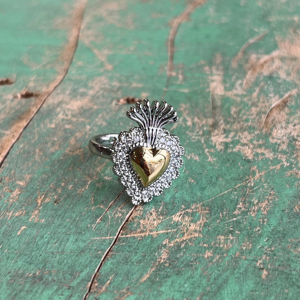 Adjustable Two Tone CZ Sacred Heart Ring