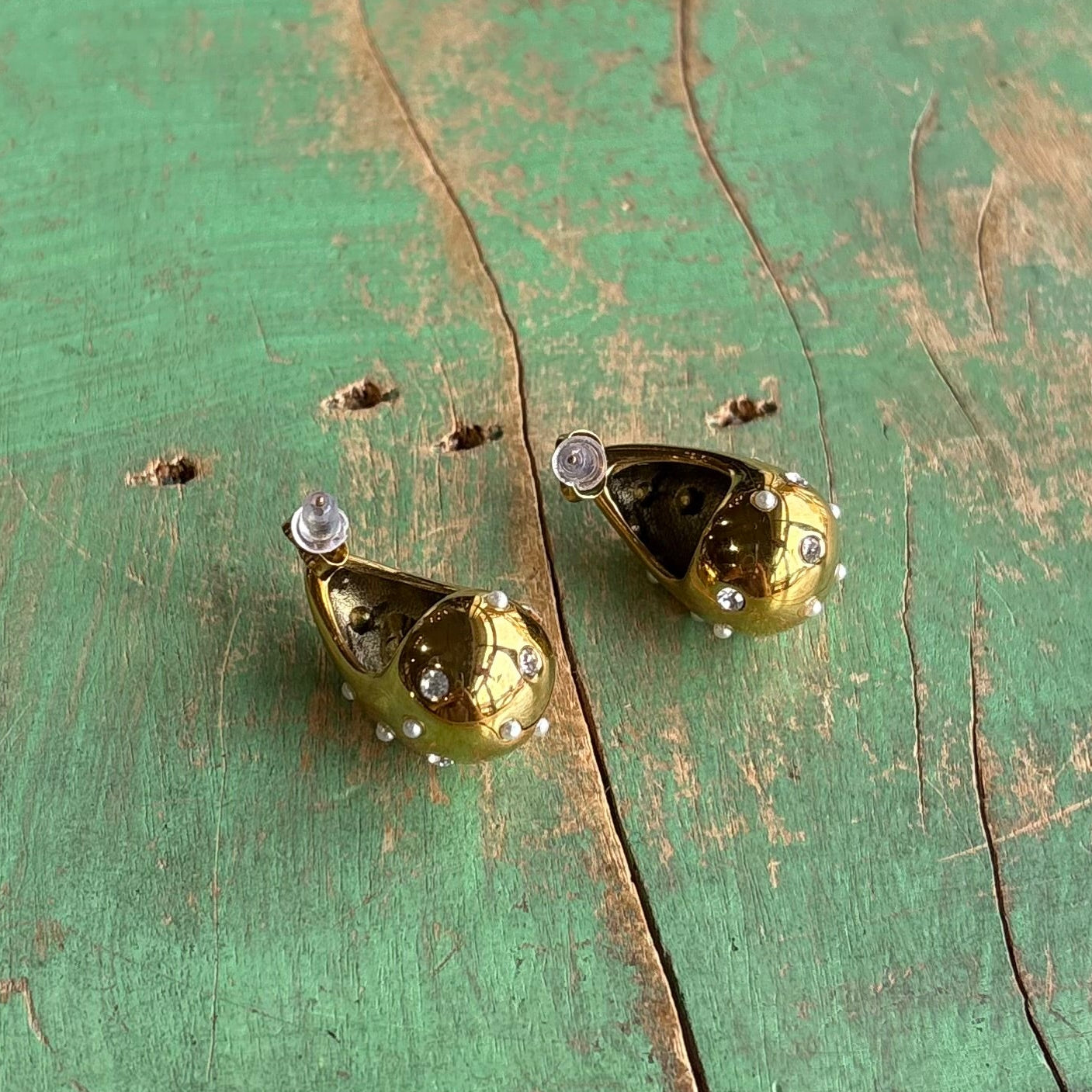 Gold Stainless Steel Pearl Crystal Teardrop Earrings