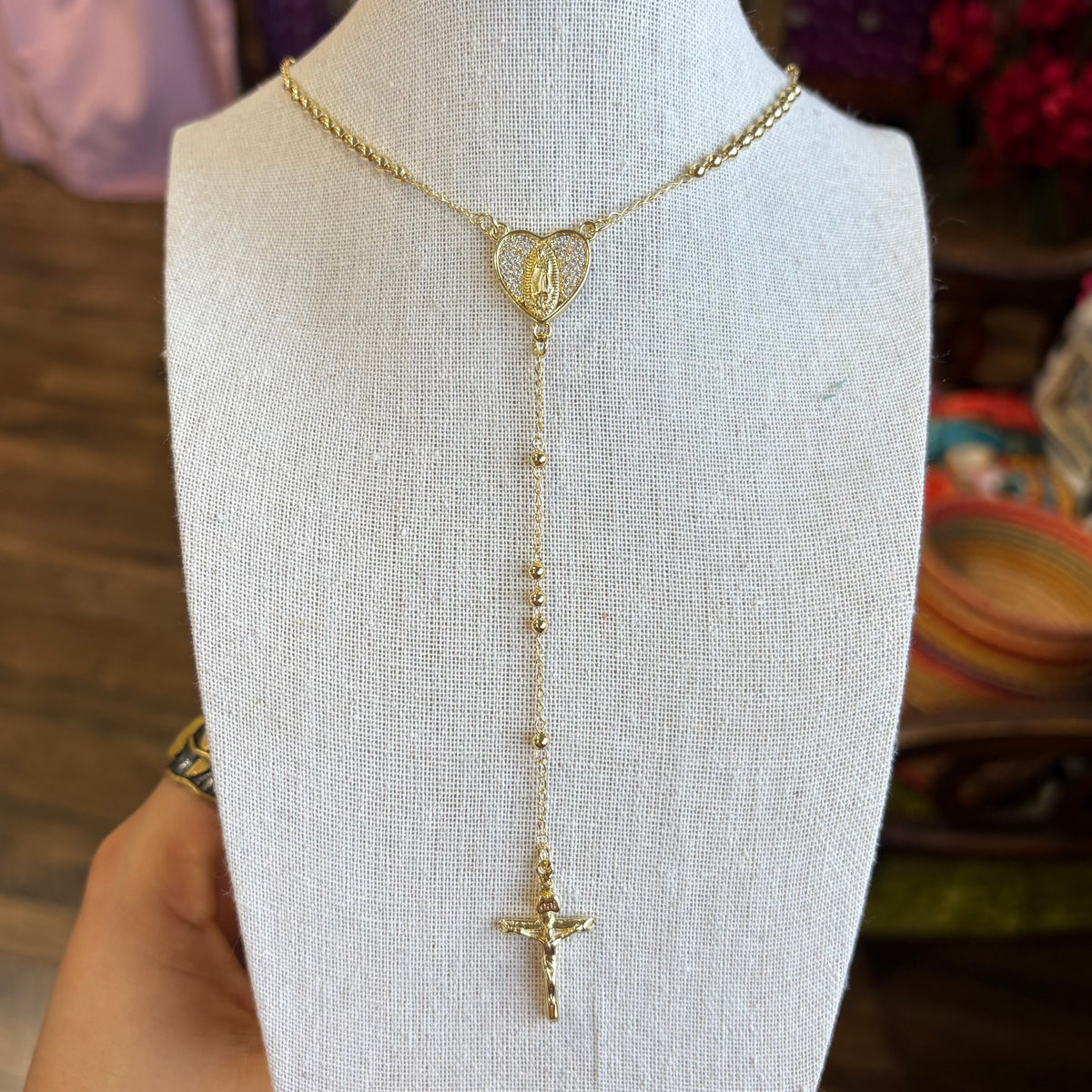 Our Lady of Guadalupe CZ Heart Rosary Necklace – 14K Gold Plated