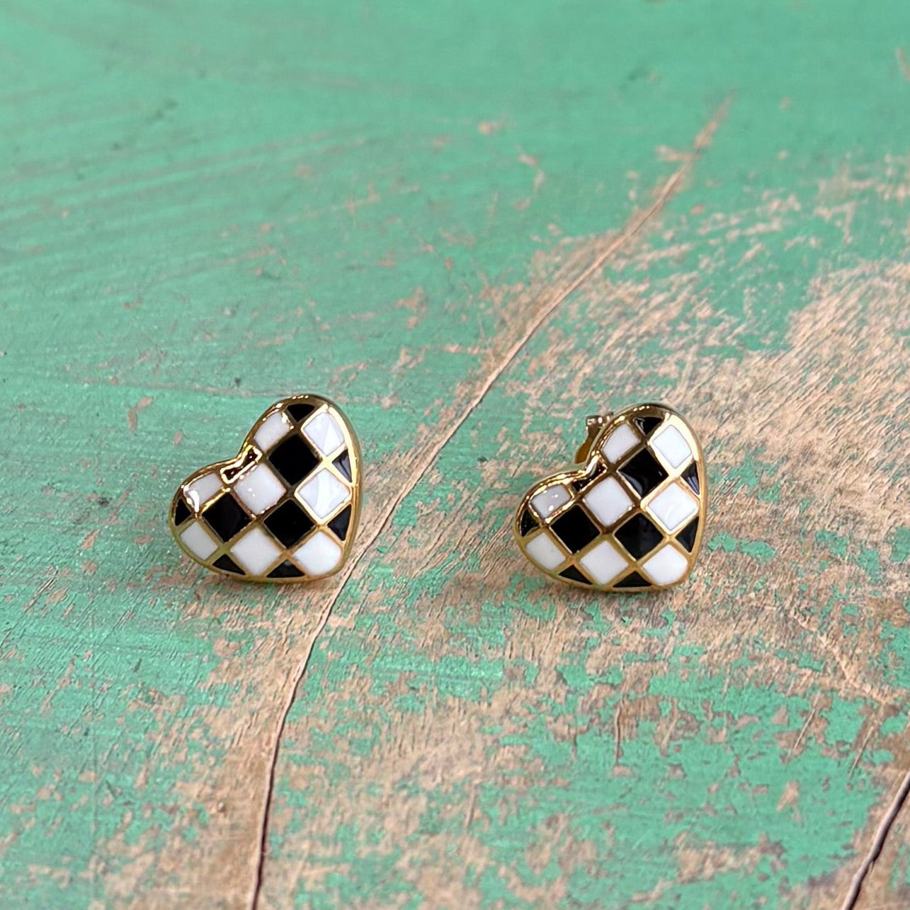 Checkered Gold Stainless Steel Heart Necklace, Earrings or Ring