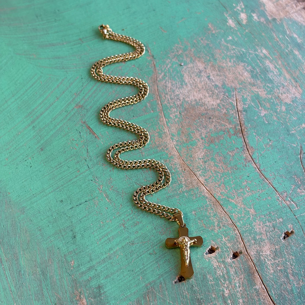 Gold Stainless Steel St Benedict Crucifix Chain Necklace