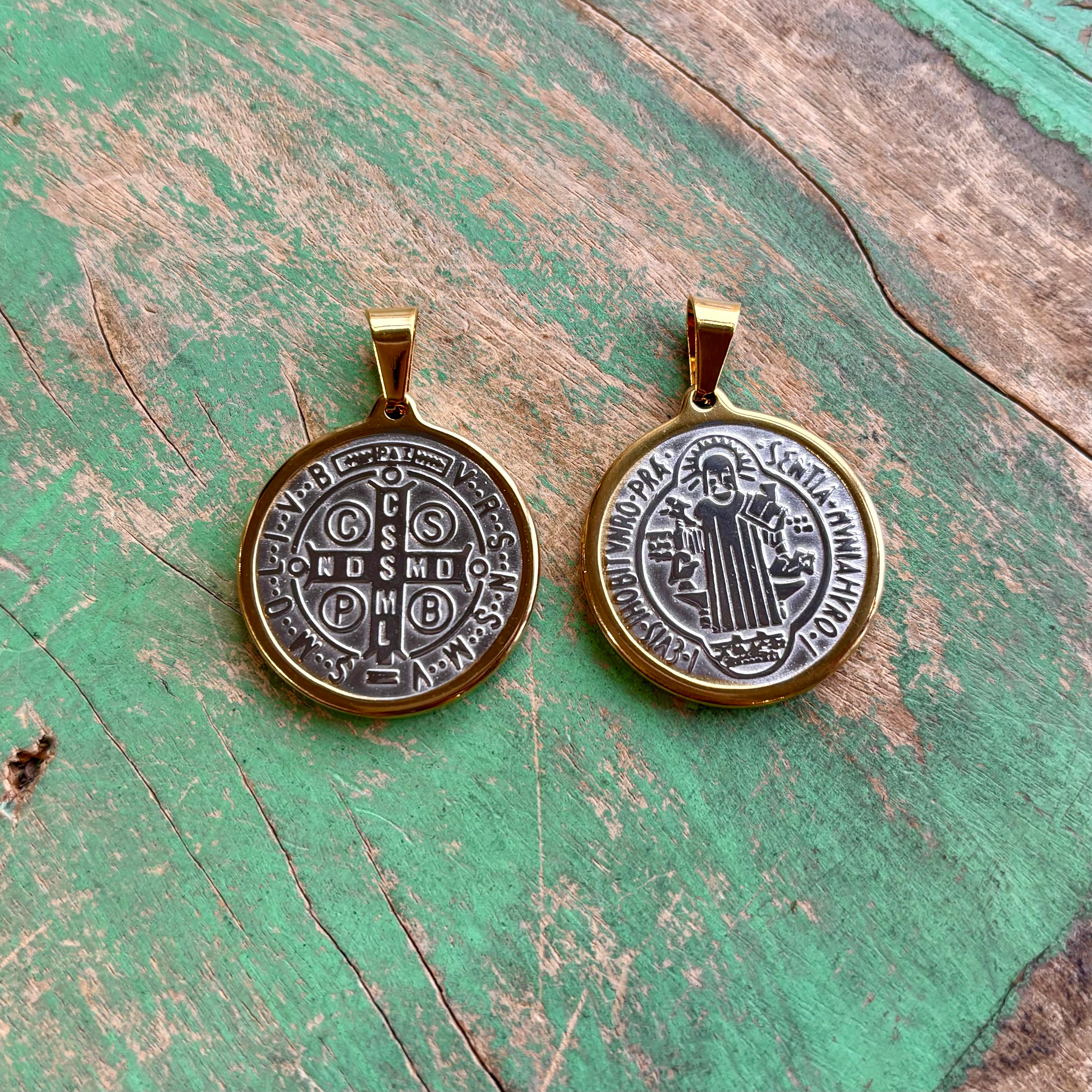 St Benedict Two Tone Stainless Steel Medallions