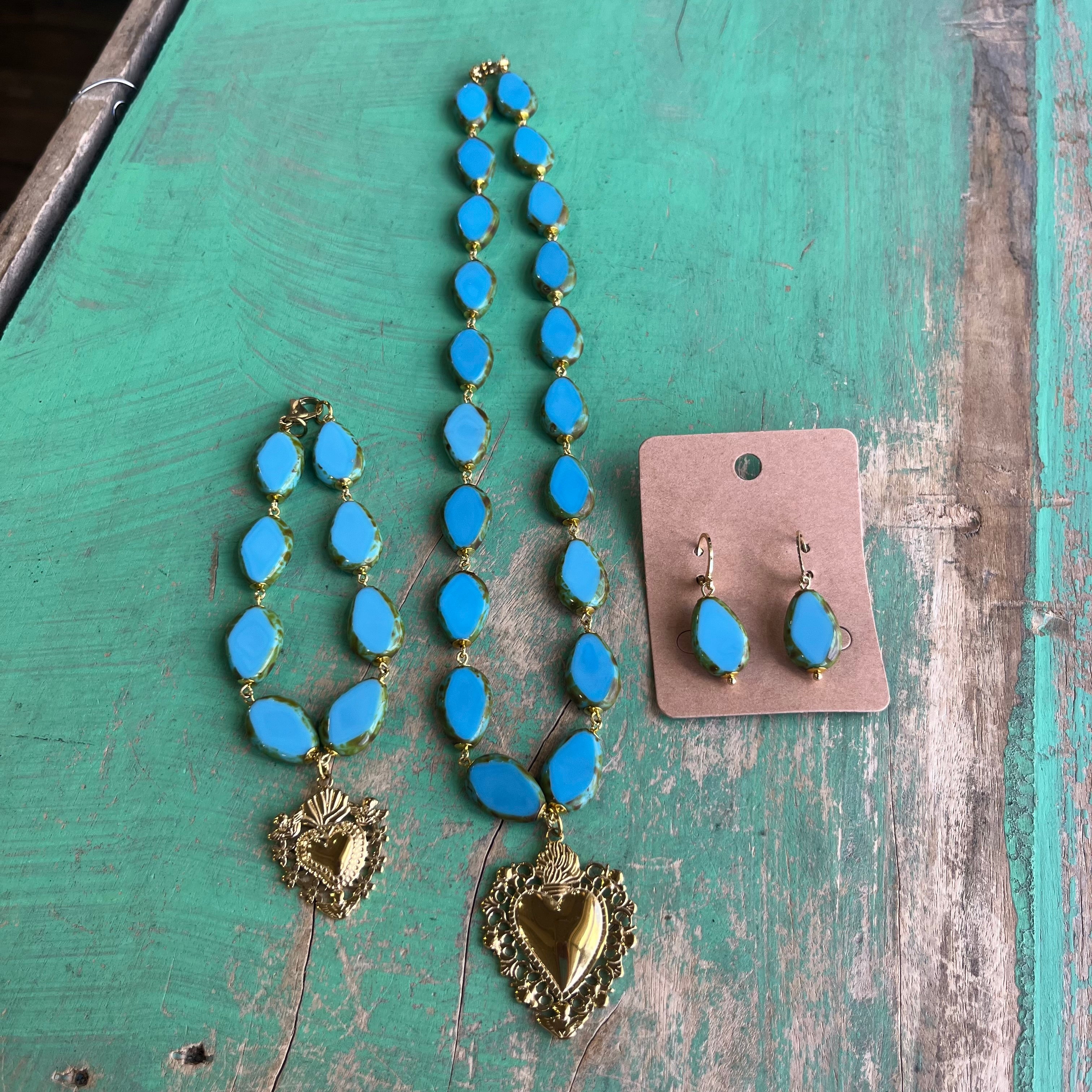 Turquoise and Gold Sacred Heart and Angels Necklace, Bracelet or Earrings