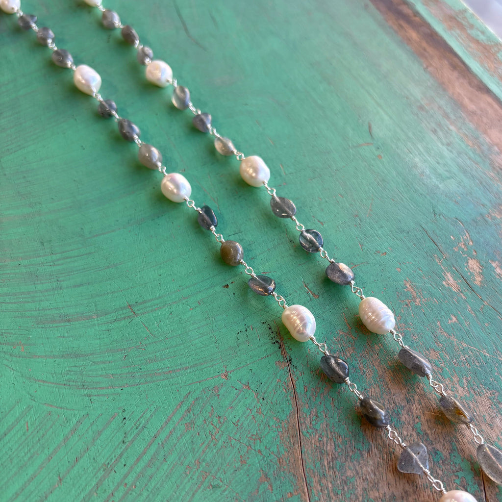 Long Crystal Cross Pearl and Grey Neckace