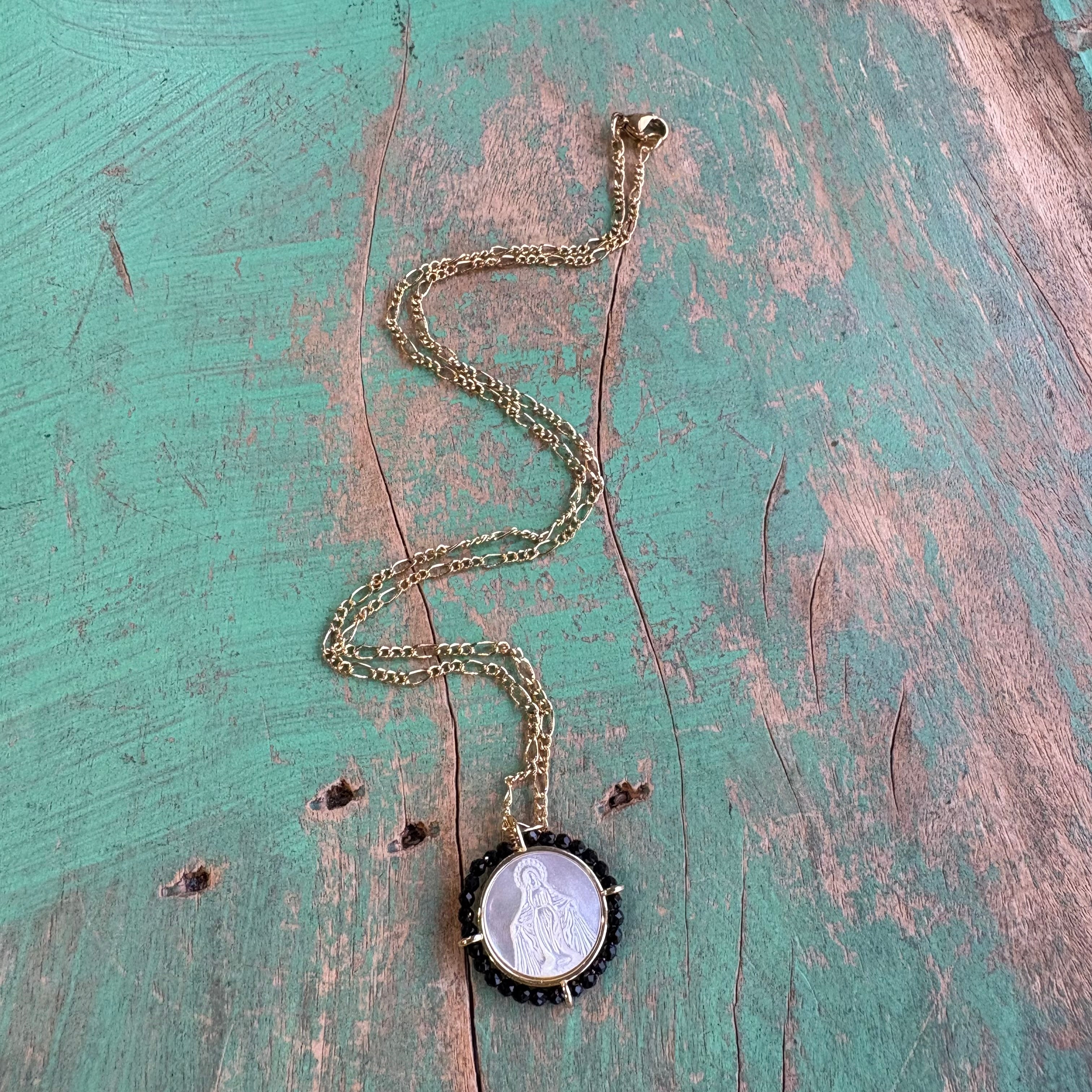 Round Mother of Pearl Black Beaded Necklace or Earrings