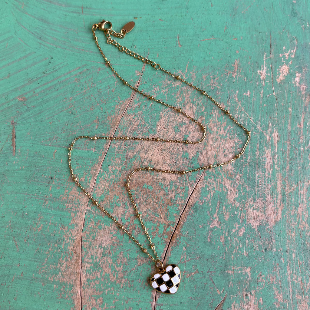 Checkered Gold Stainless Steel Heart Necklace, Earrings or Ring