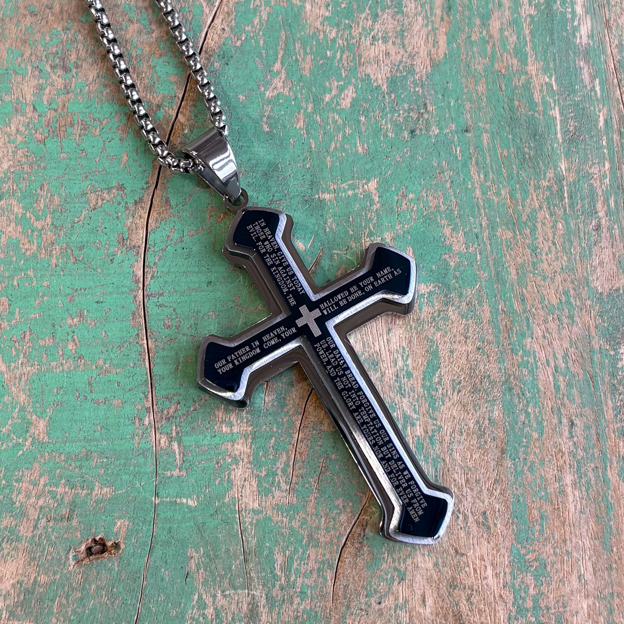 Stainless Steel Big Our Father Cross Necklace