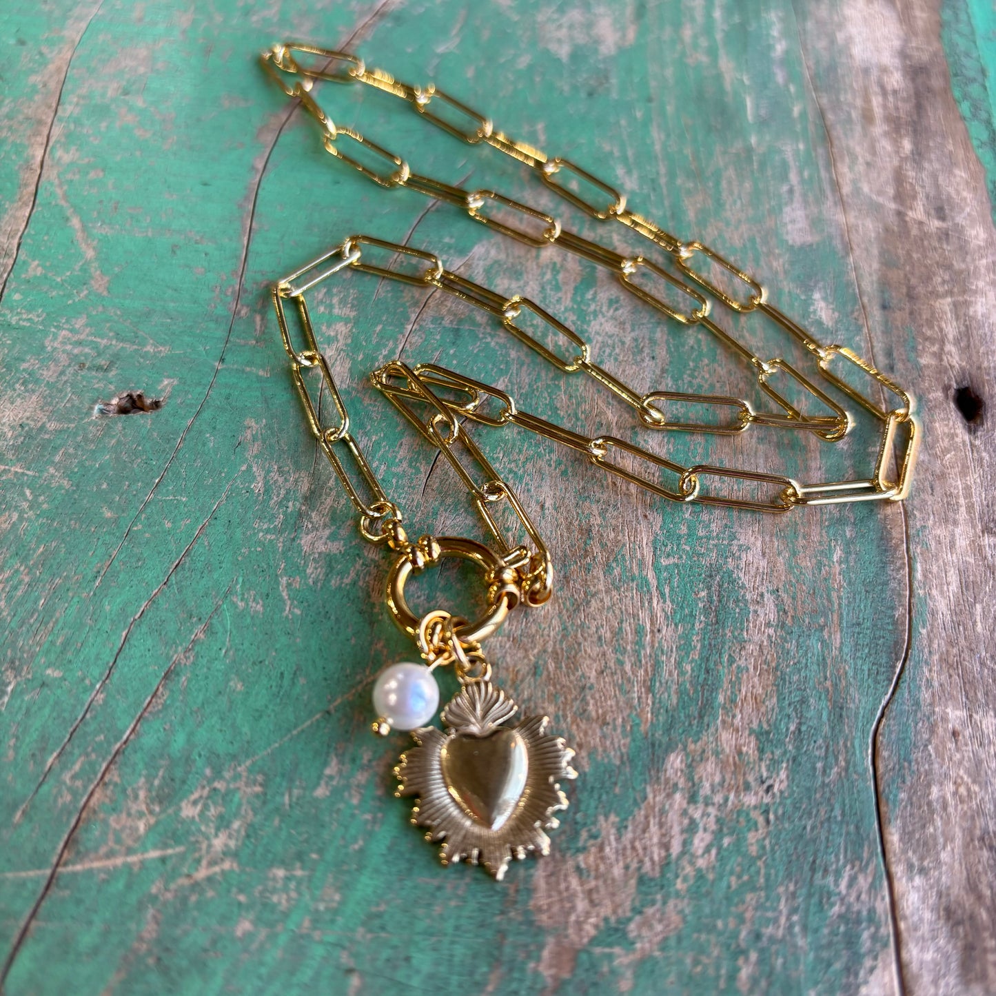 Gold Paperclip Sacred Heart and Pearl Necklace or Bracelet